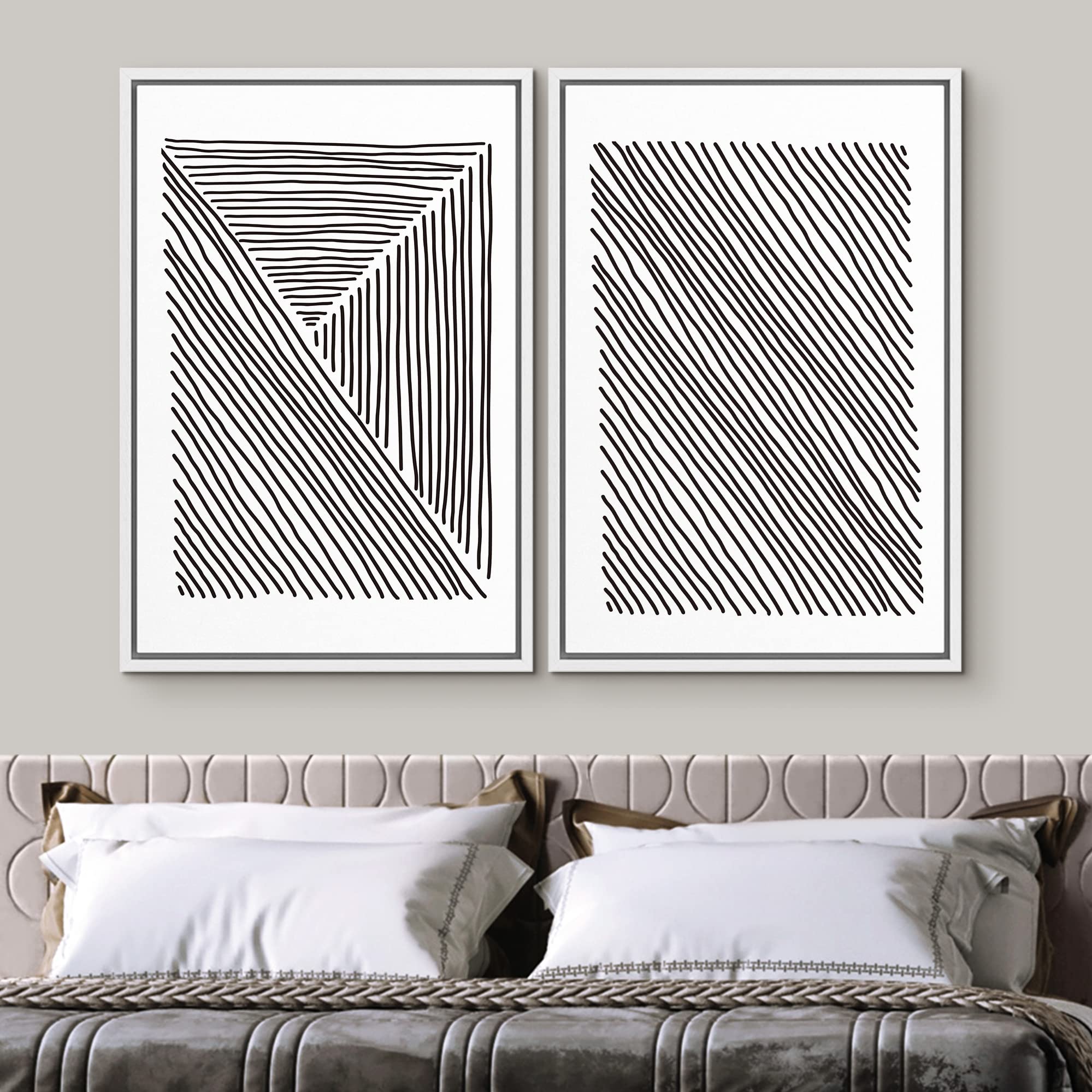 Signwin Framed Canvas Print Wall Art Set Black White Geometric Line Collage Abstract Shapes Illustrations Modern Art Decorative