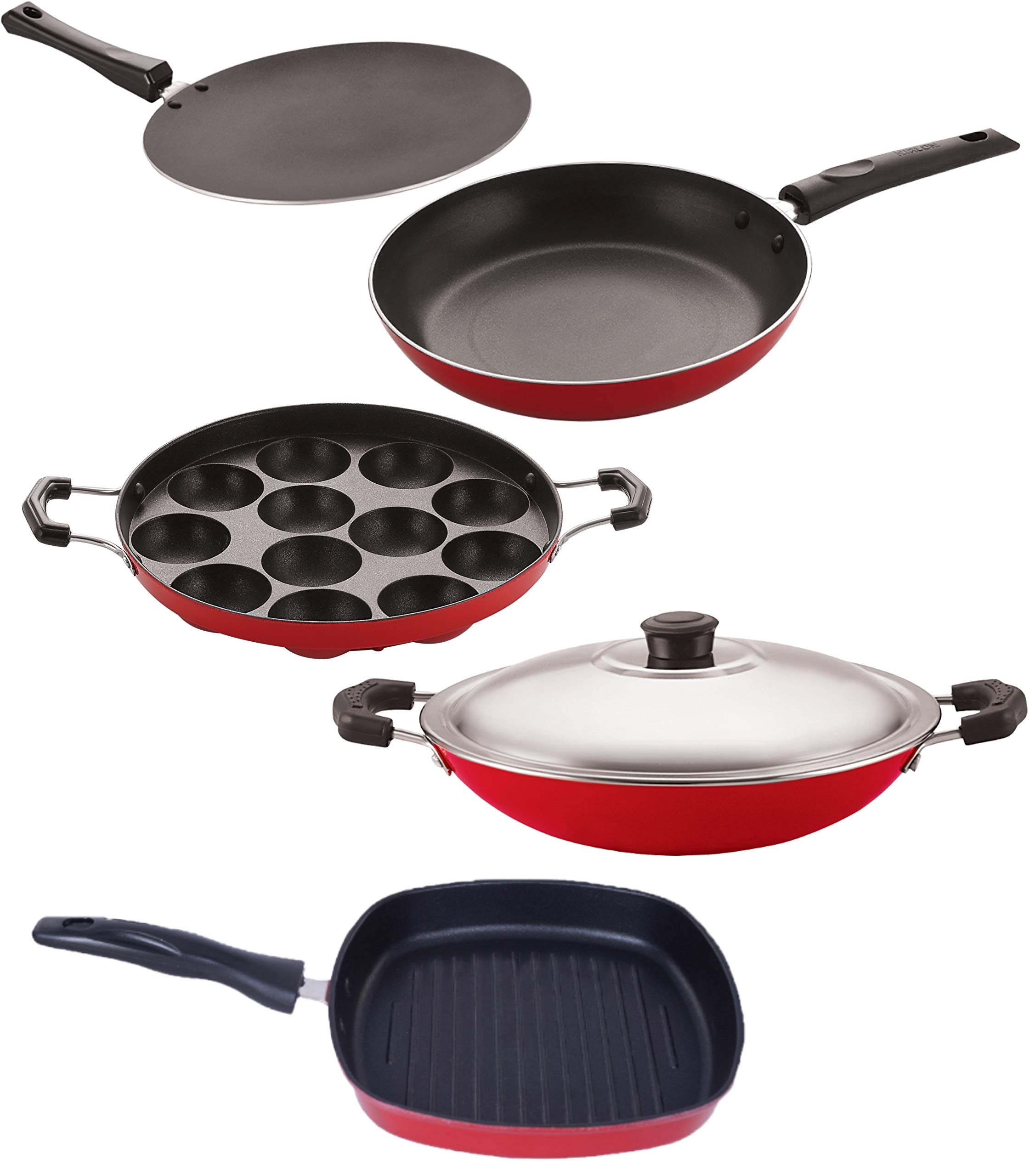 Nirlon Gas Compatible Non Stick Aluminium Cookware Set Of 5 Pieces (Ct12_Ap12_Ac_Gp22.5_Tp24)