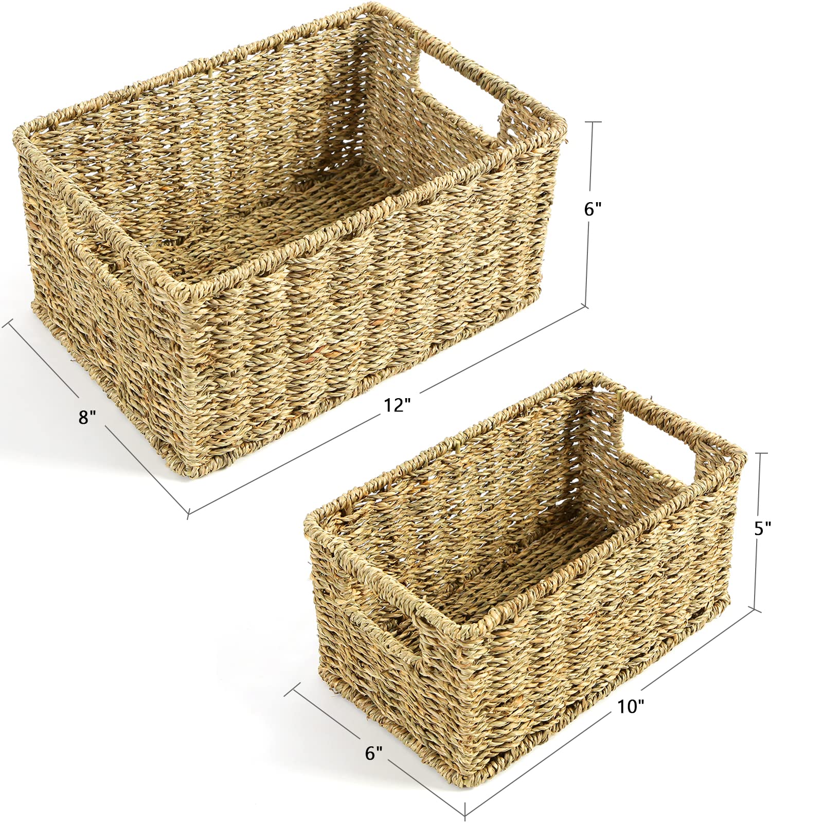 HOONEX Wicker Baskets for Storage  Seagrass Baskets with Dual Handles  Woven Baskets for Shelves  Set of 2  Natural