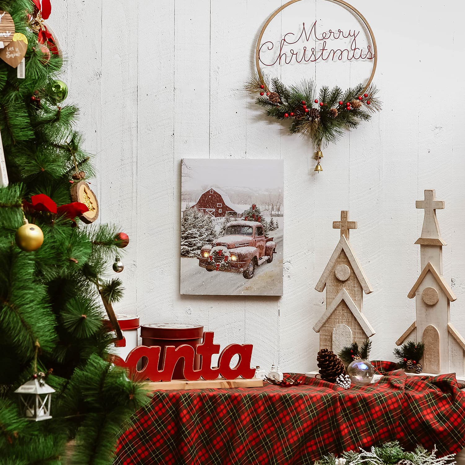 NIKKY HOME 16'' x 12'' Christmas LED Lighted Canvas Wall Art Prints Light Up Red Truck Barn House and Christmas Tree Picture Winter Snow Scene for Holiday Decor