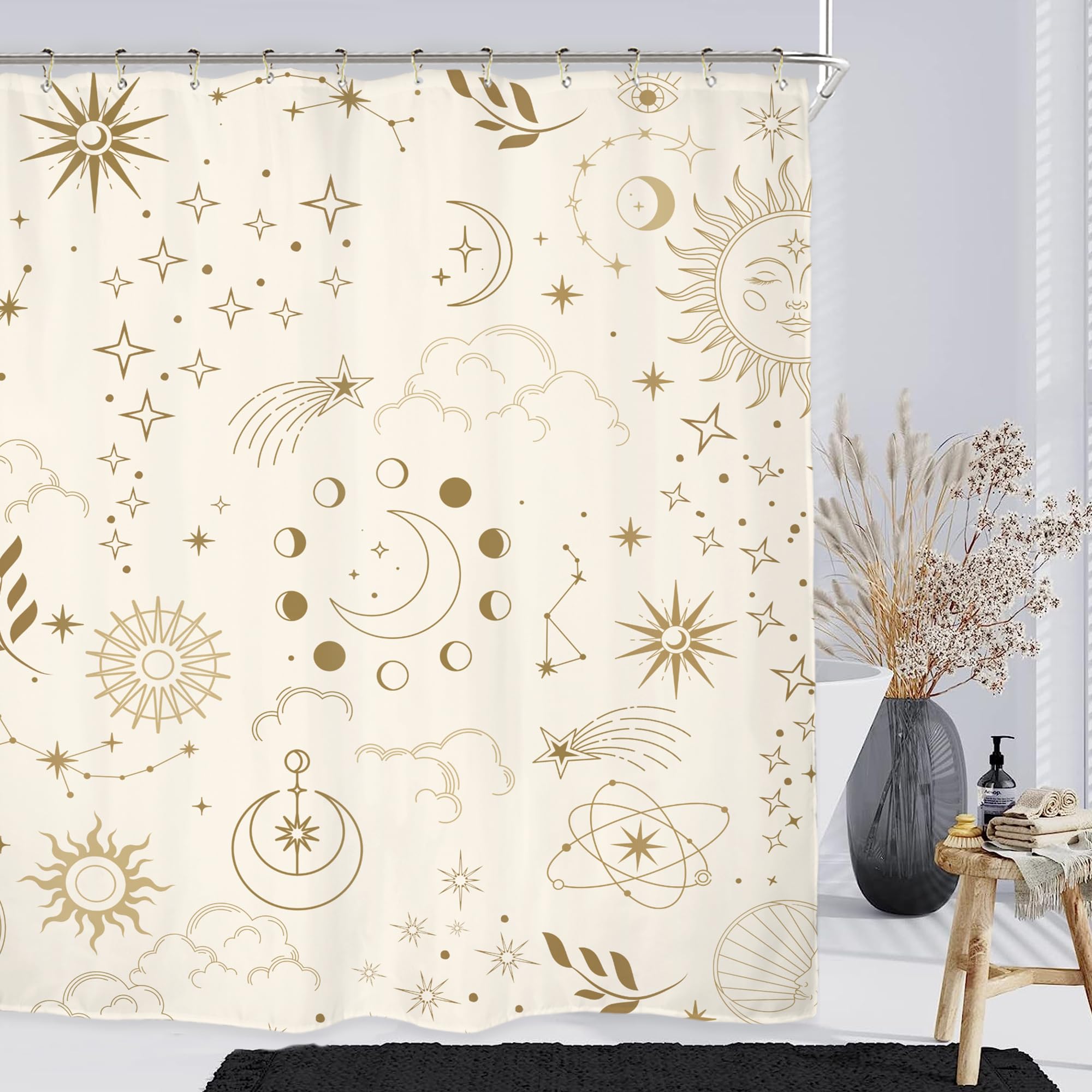 Miyotaa Moon Phase Celestial Shower Curtain Set 60Wx71H Inches Mysterious Constellation Astrology Beige Crescent Tarot Witchy Po