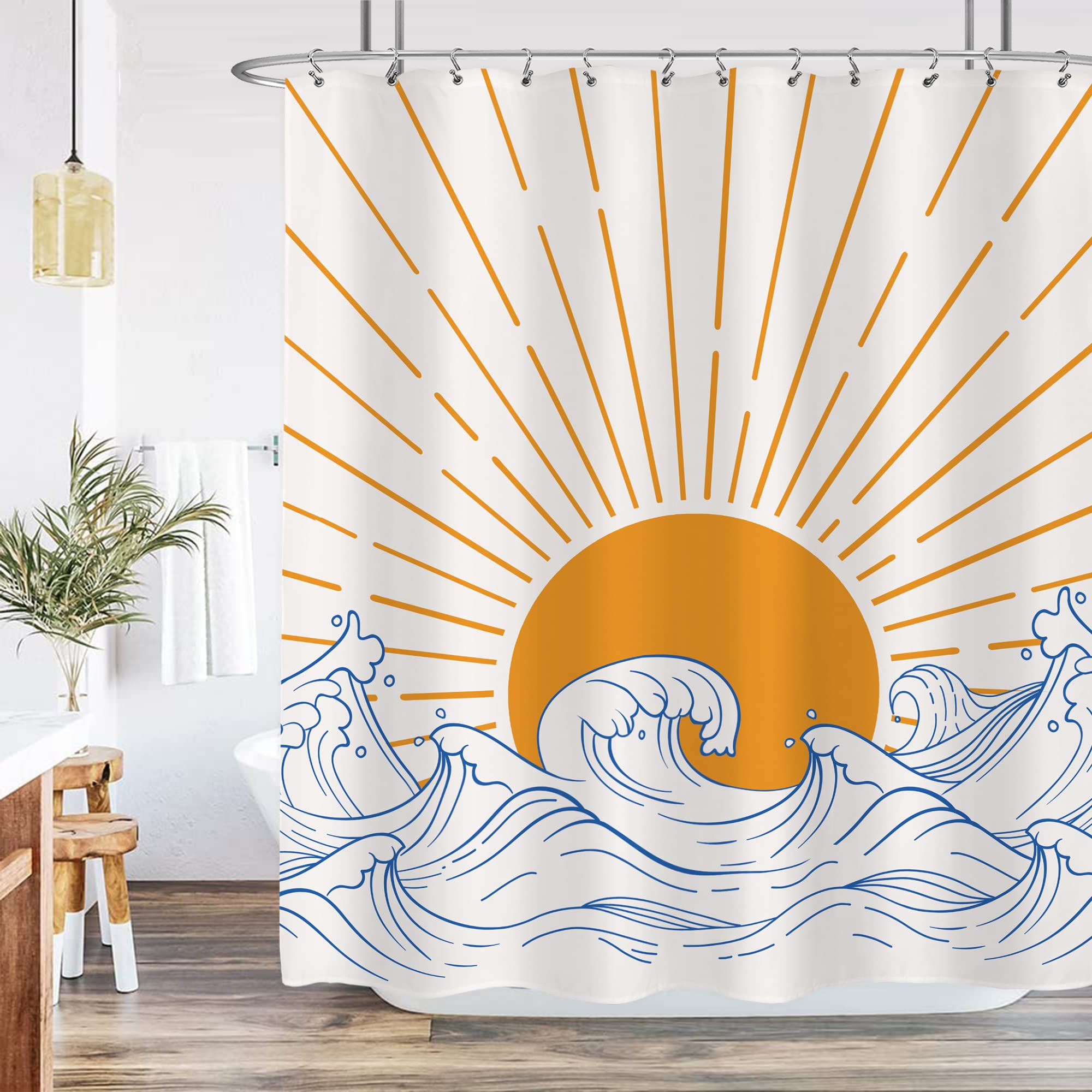 Lightinhome Abstract Sun Waves Shower Curtain 72Wx72H Inches Retro Sunrise Sunset Japanese Kanagawa Wave Sea Mid Century Modern