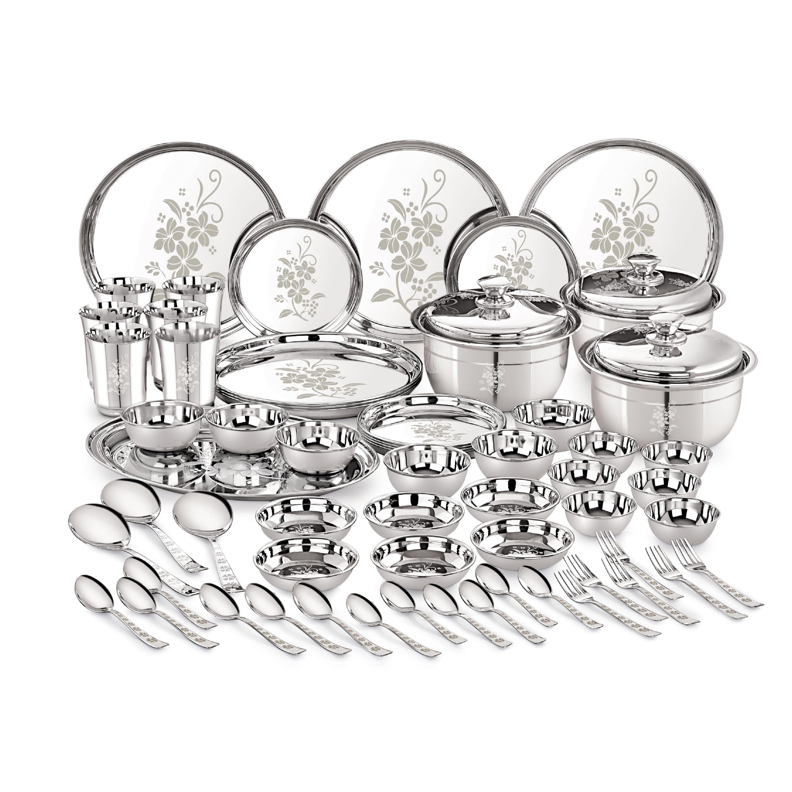 Neelam Designer Stainless Steel Shagun Dinner Set, 70 Pcs, Laser Printed, Dishwasher Safe, Ideal Gifting Dinner Set, Ideal For S