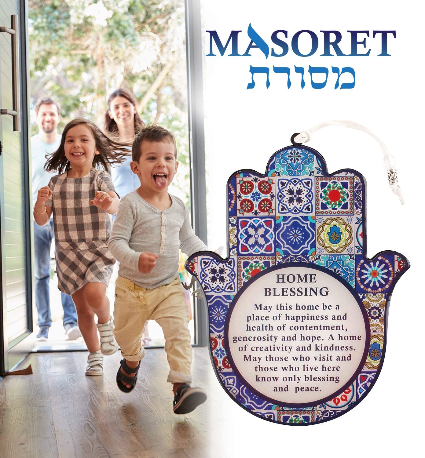 MASORET Good Luck Hamsa Hand Wall Hanging Decor Home Blessing Evil Eye Protection Amulet Hebrew Blessing Set 5