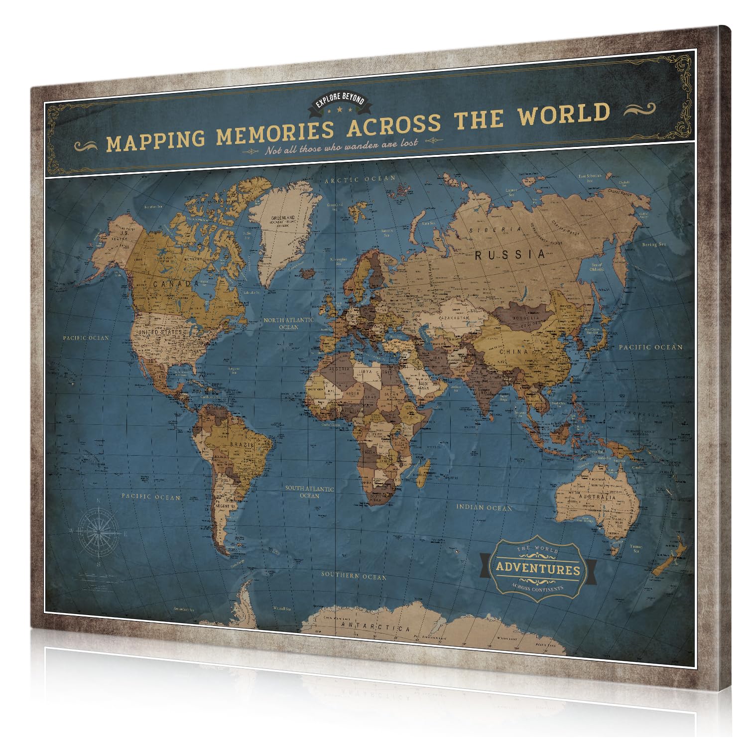 DECORARTS - Large Modern Navy Blue World Map Canvas Wall Art, World Maps for Wall Decor, Hand-Stretched Giclee Print, Living Roo