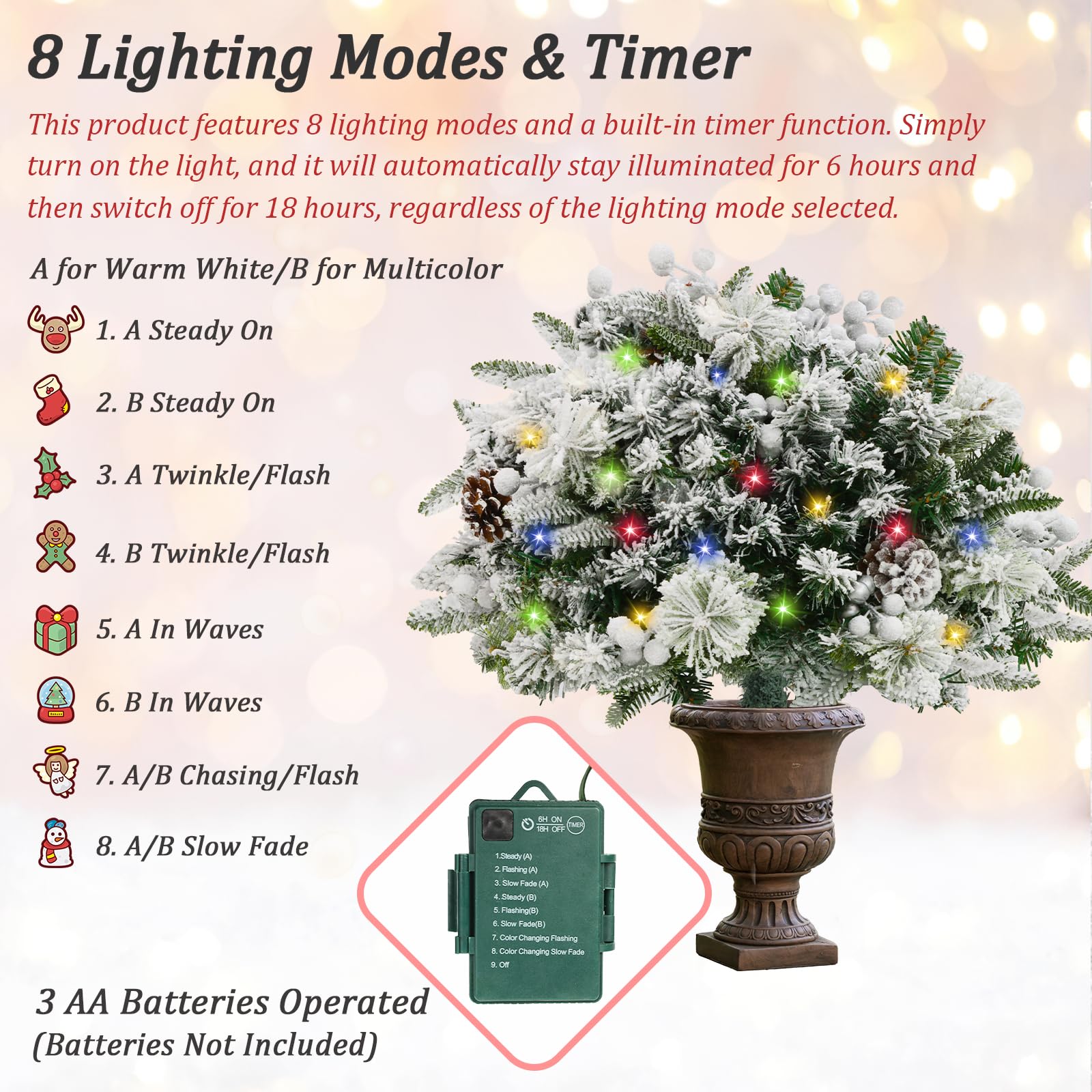 TOWPONICS Set of 2 Flocked Outdoor Christmas Trees Planter Filler, 18in Artificial Lighted Xmas Tree for Front Porch Yard Garden