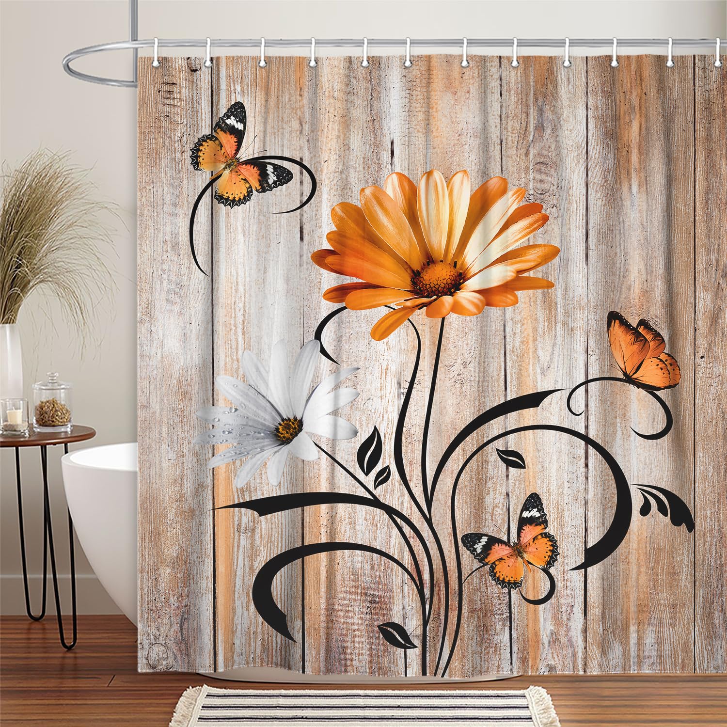 Rustic Farmhouse Floral Fall Shower Curtain, Farm Boho Orange Daisy Flowers And Butterfly On Country Wooden Shower Curtain For B