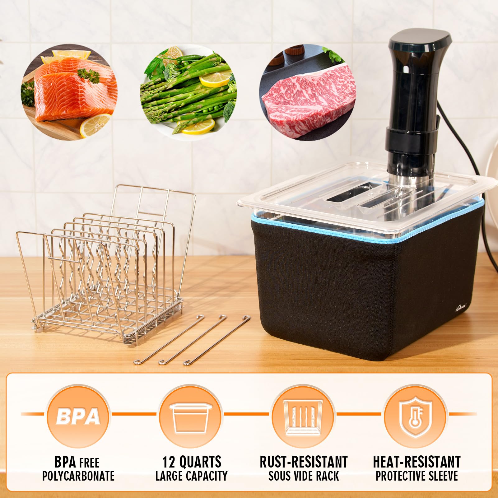 Homenote Container 12 Quart With Lid & Rack And Sleeve - Bpa Free Complete Sous Vide Accessories Kit With Cookbook For Anova And