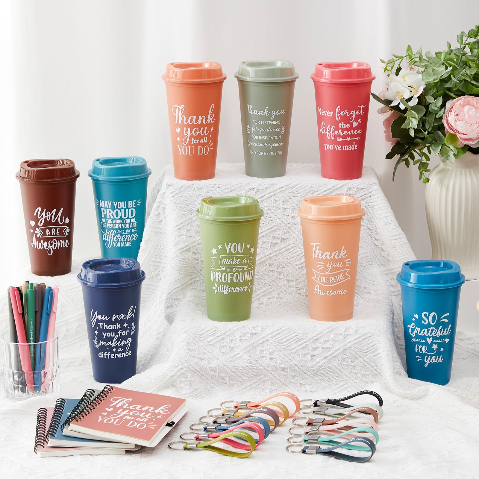 Skylety 12 Set/48 Pcs Employee Appreciation Gifts Bulk Christmas Thank You Gift Set 16 oz Coffee Cups Mini Spiral Notebooks Pens