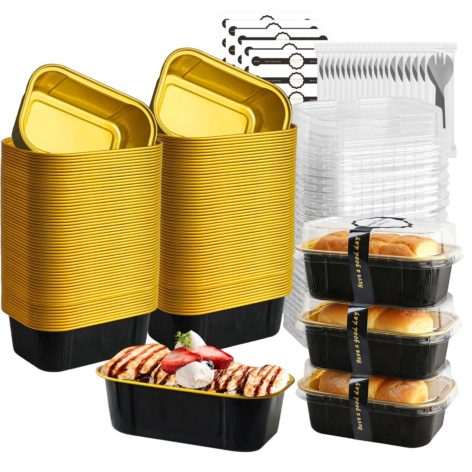 OBXMLFY Mini Cake Pans With Lids And Spoons,5.5 oz Rectangle Mini individual Loaf Pans Disposable Aluminum Foil Small Baking Cup