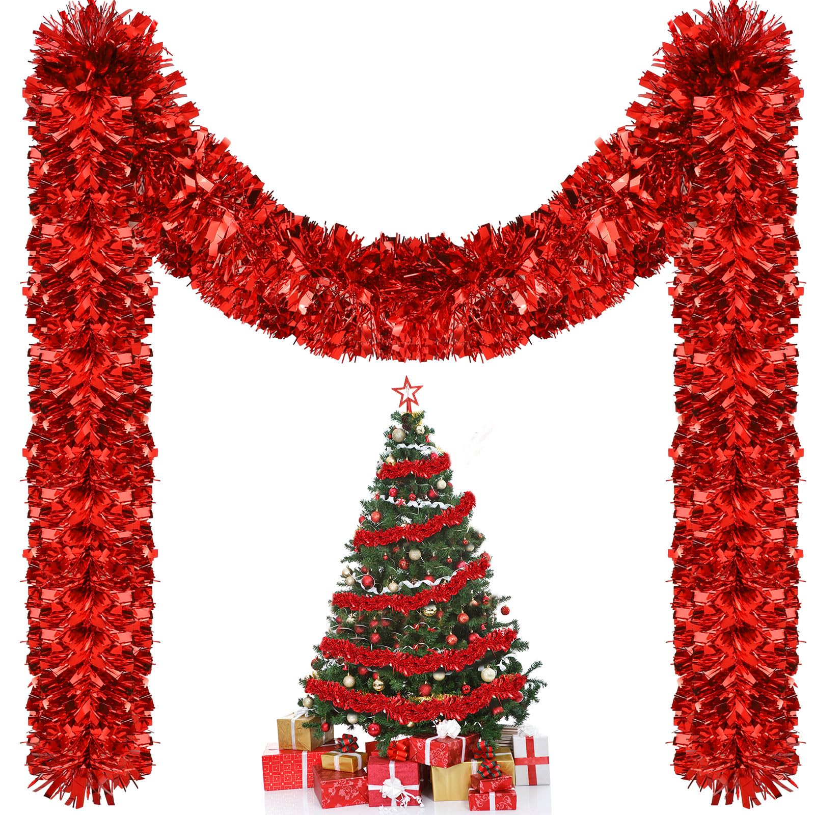 Riceshoot 131.23 ft Christmas Tinsel Garland Red Metallic Garland Decoration Hanging Twist Glittering Christmas Garlands for Xma