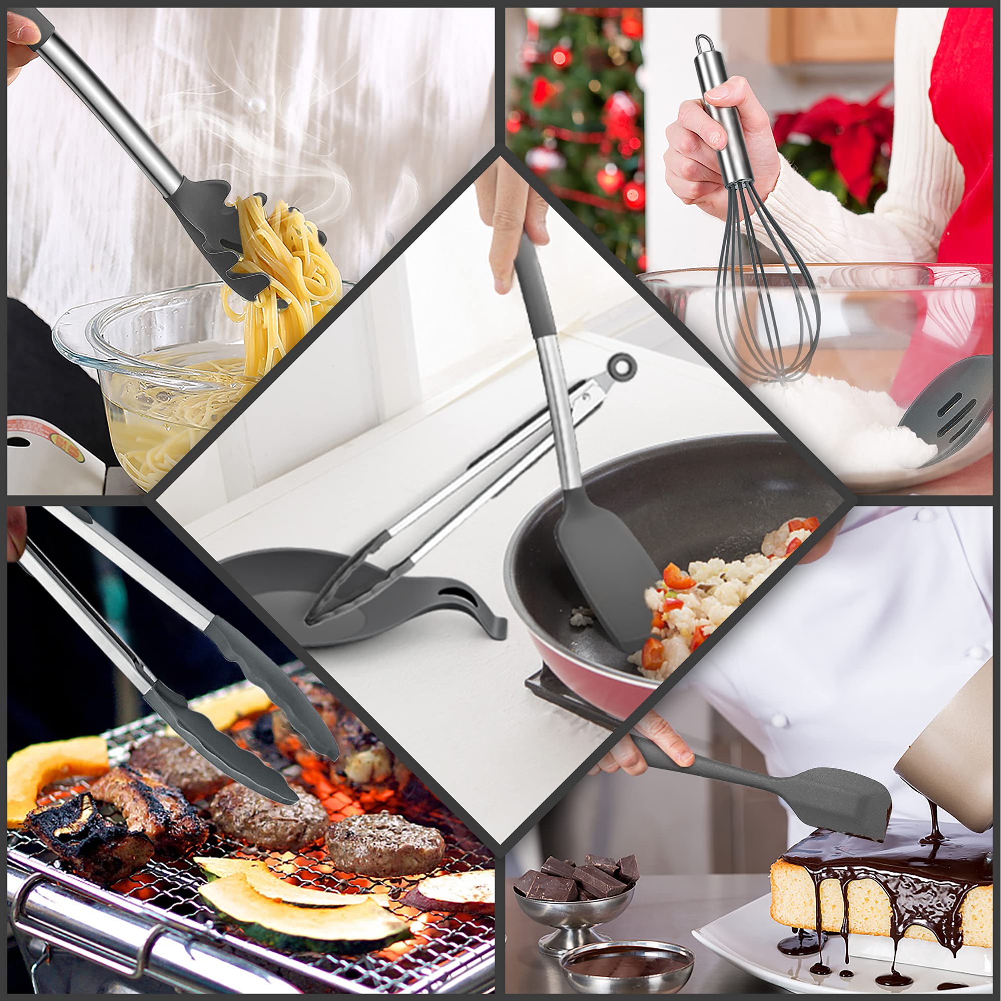 Silicone Kitchen Utensils Set, E-Far 30-Piece Cooking Utensils Set With Holder, Heat Resistant Kitchen Spatulas Turner Tong Spoo