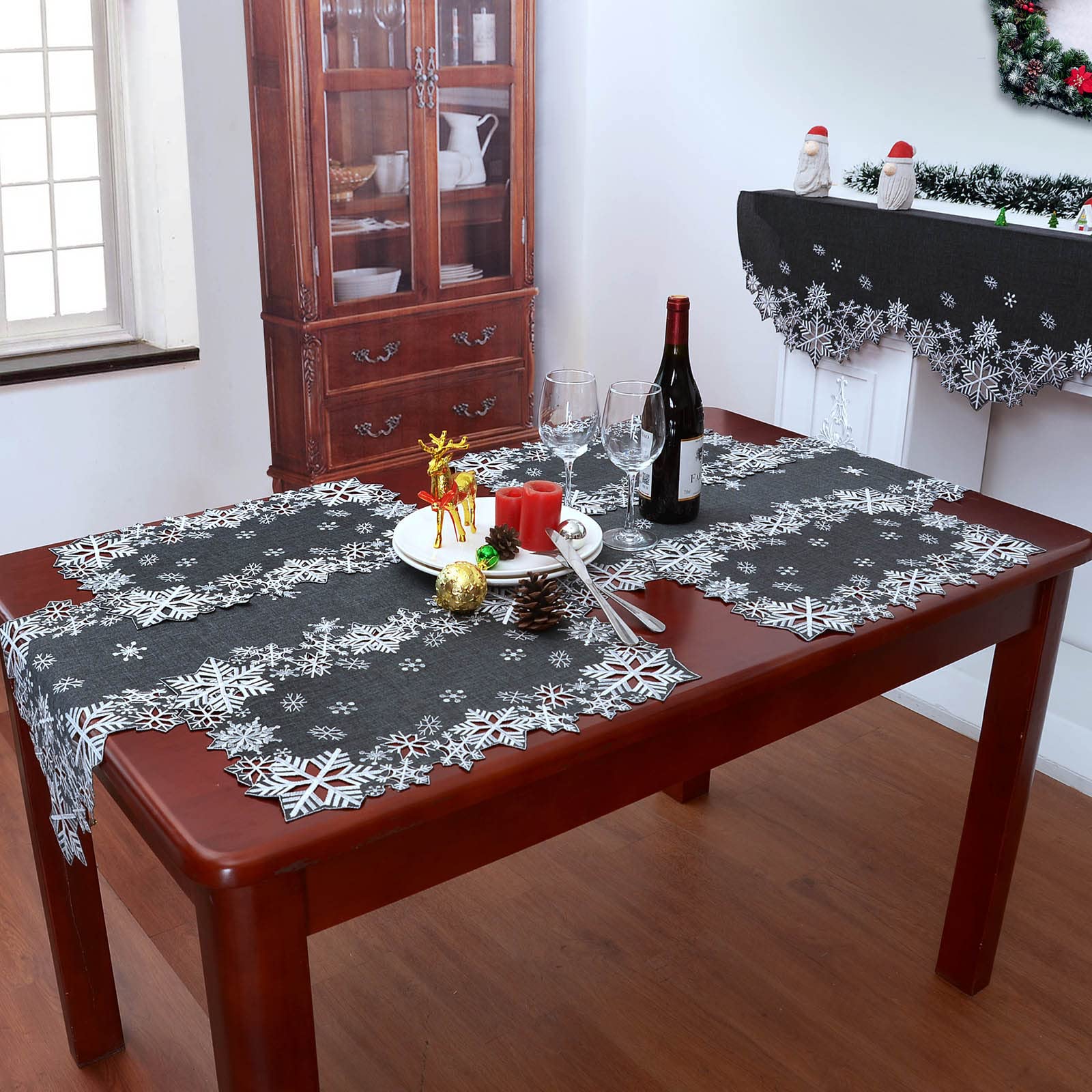 Simhomsen Embroidered Snowflakes Table Runners For Christmas Holiday And Winter (Gray, 14
