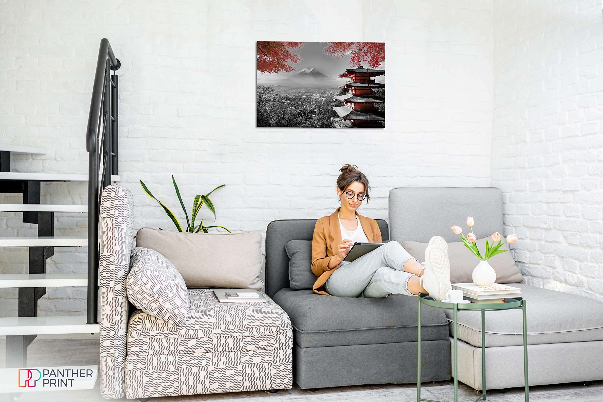 Panther Print, Canvas Wall Art, Pictures For Living Room And Bedroom, Japanese Temple In Autumn, Black, White, And Red Framed Pr