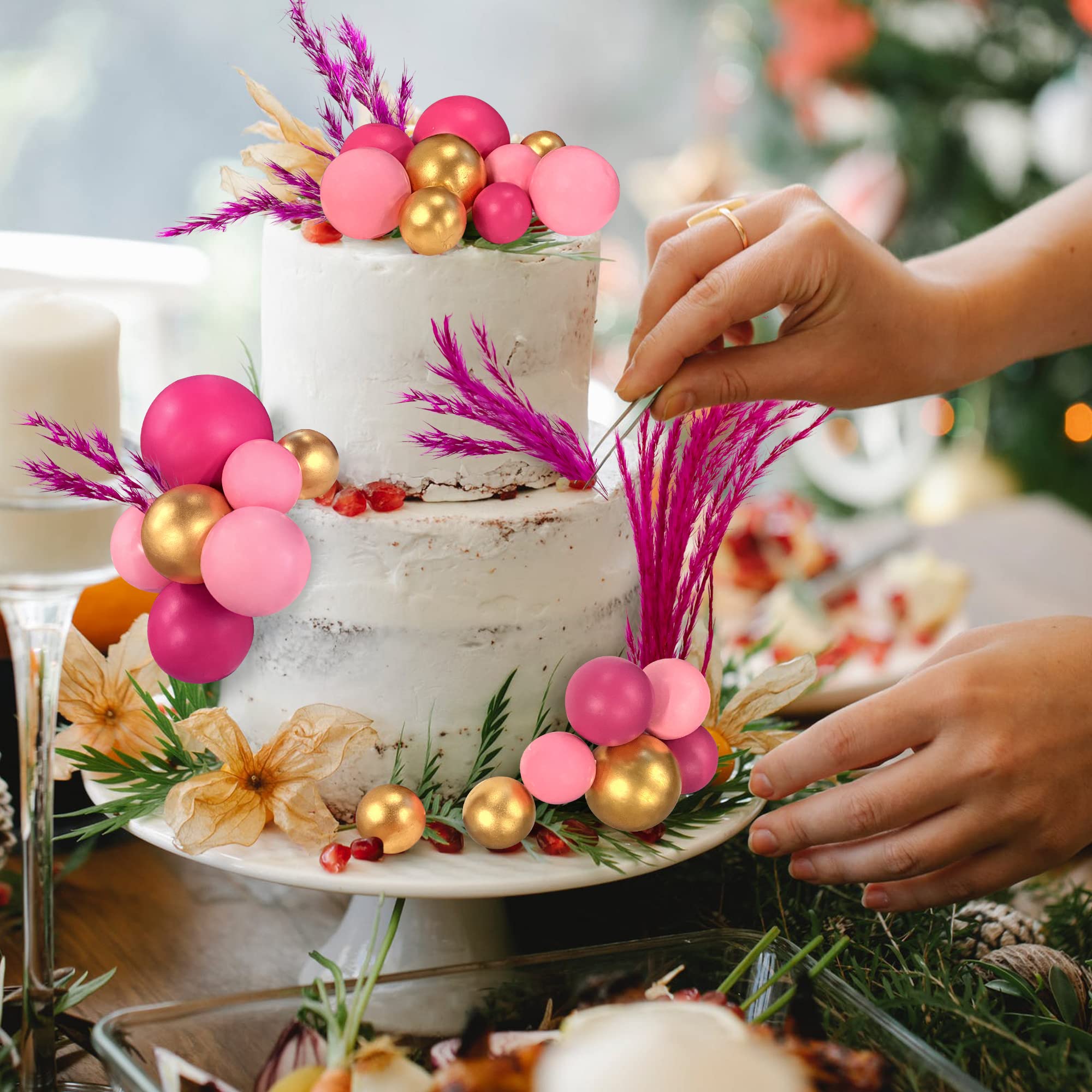 50 Pcs Boho Mini Balls Cake Toppers Various Dried Pampas Grass Cake Decor Bunny Tails White Brown Pampas Grass For Boho Home Wed