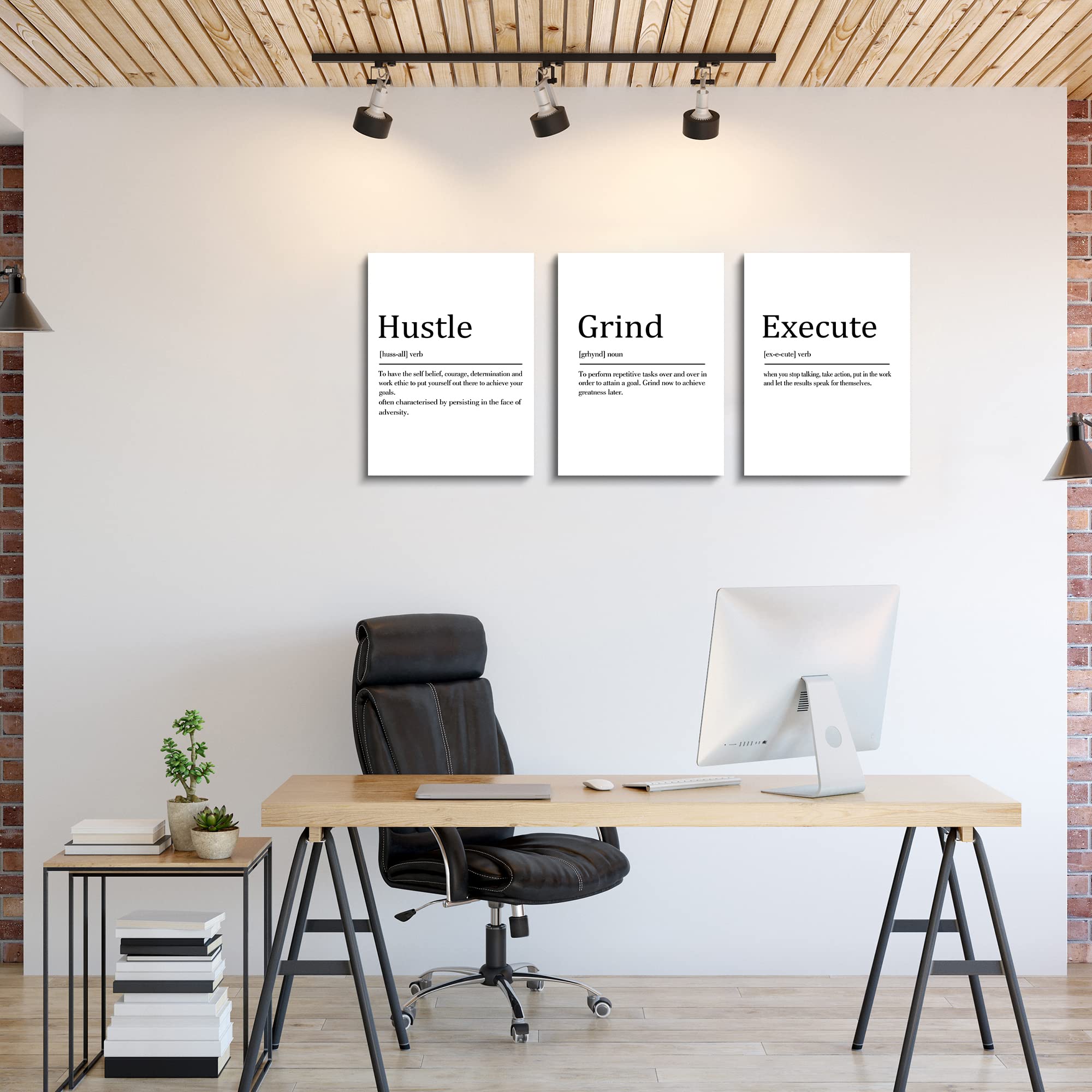 Hustle Grind Execute, Inspirational Wall Decor Art - Framed Canvas Office Decor, Quote Poster, Office Wall Art, White Large Post
