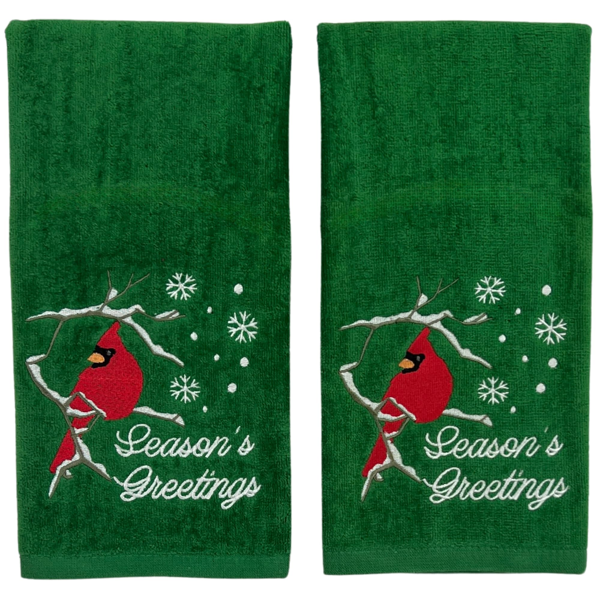 Holiday Christmas Bathroom Guest Hand Towels, Red Cardinal With Season'S Greetings On Green100% Cotton, Set Of 2, 16 X 25 Inches