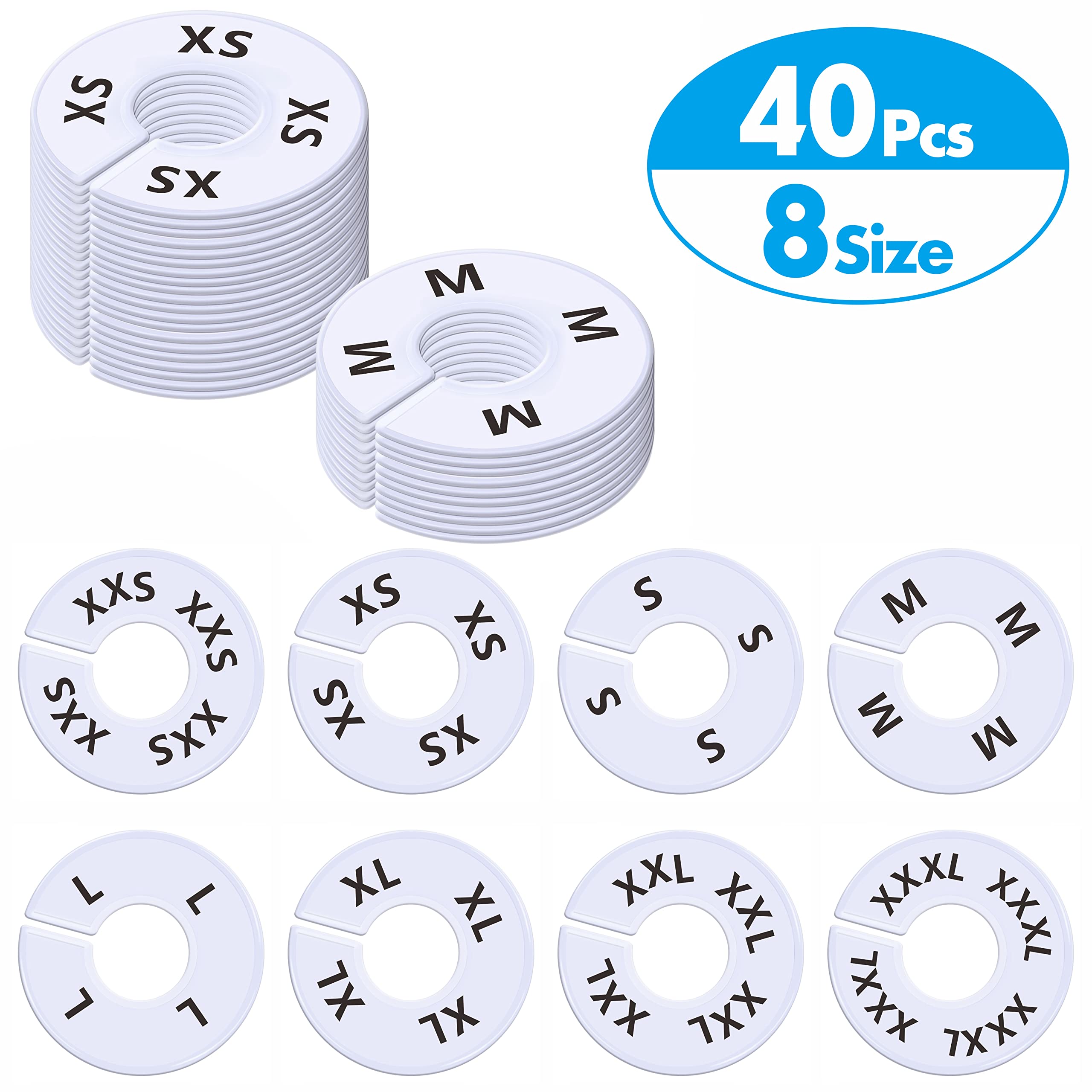 Vantasii 40 Pack Round White Plastic Clothing Size Closet Rack Dividers Hangers, Preprinted In 8 Sizes Xxs, Xs, S, M, L, Xl, Xxl