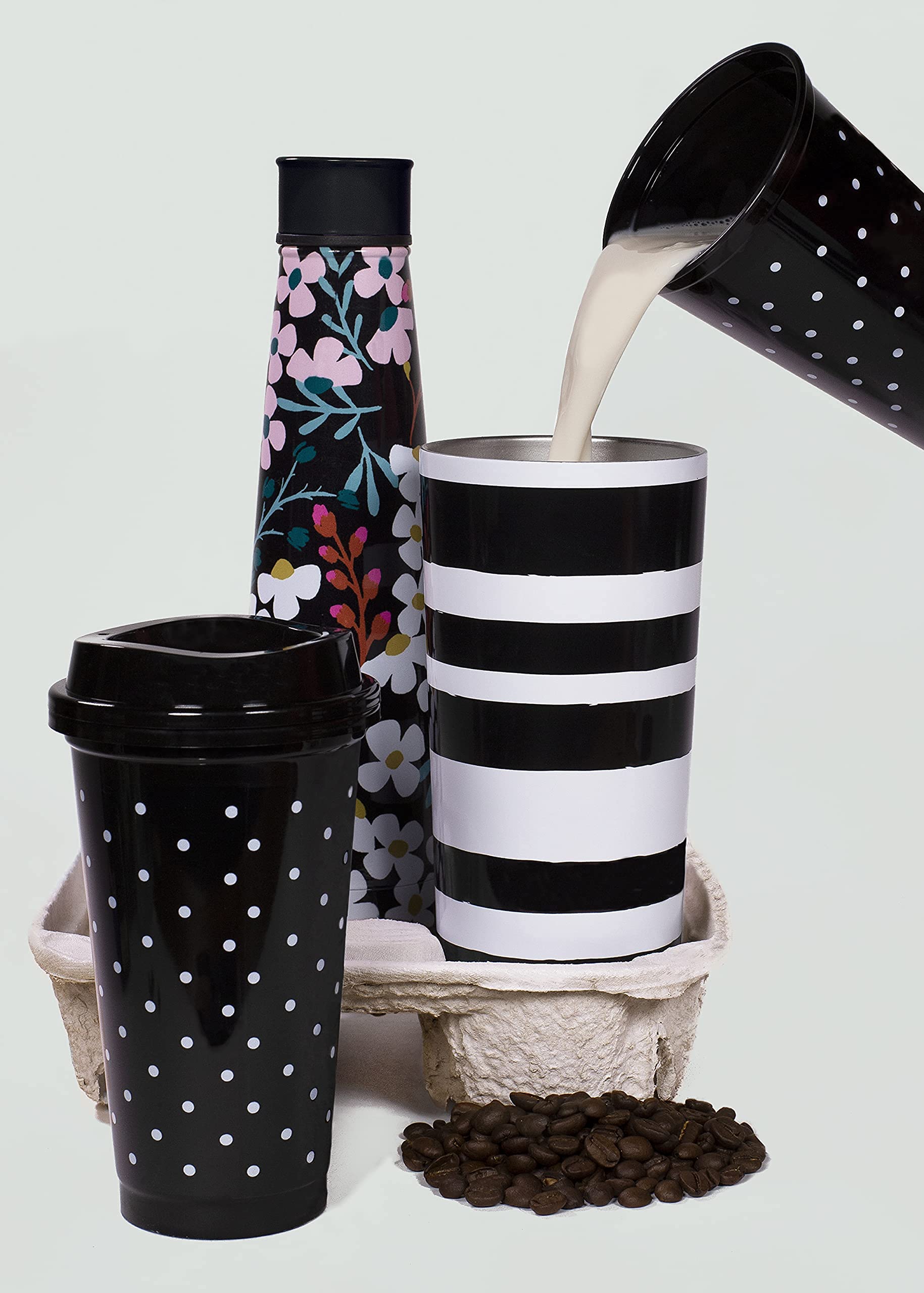 Kate Spade New York Black/White Reusable Coffee Cups With Lids, Travel Tumbler Set Of 4, 16Oz Bpa-Free Plastic Cups With Lids, C