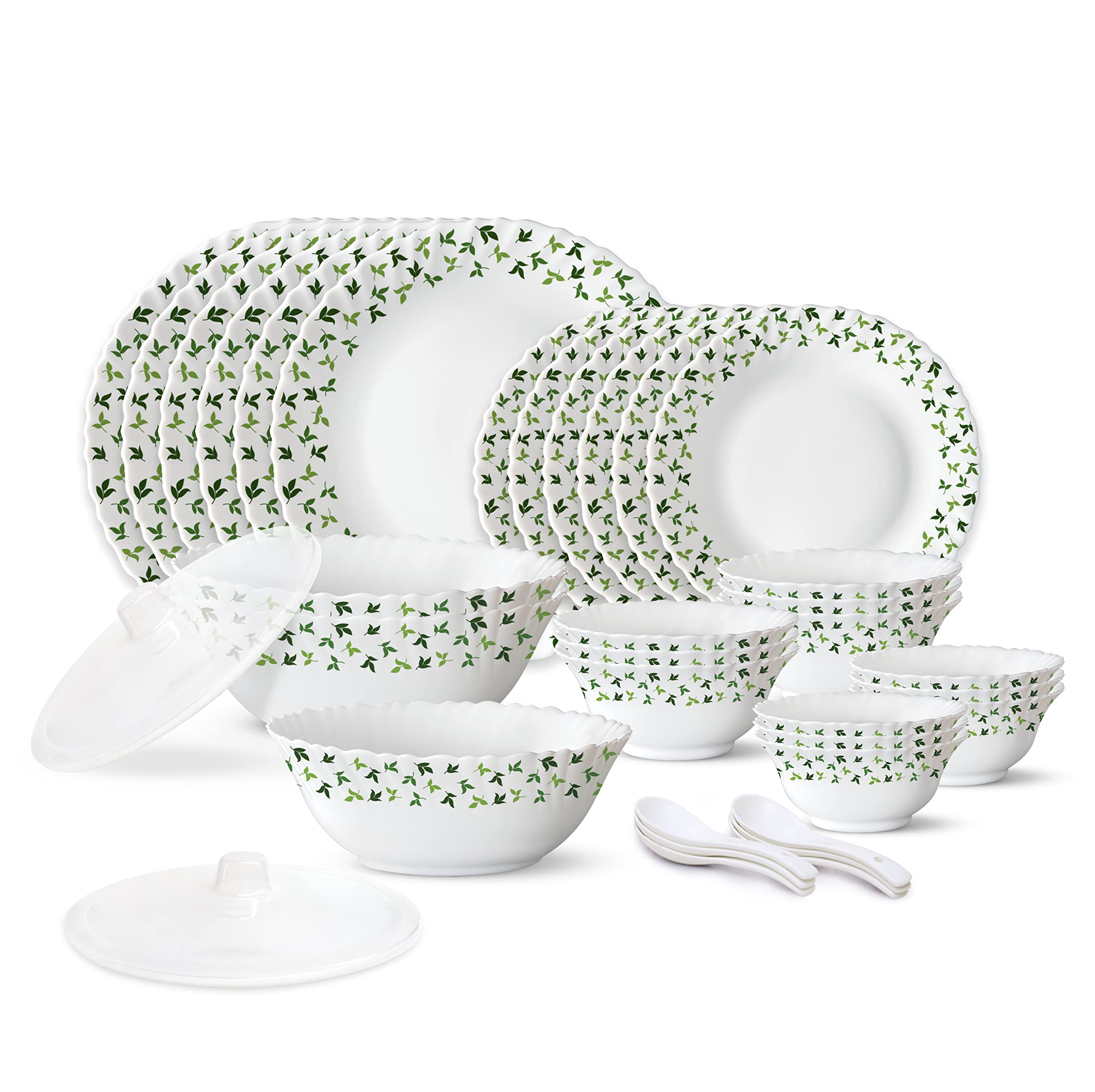 Larah by Borosil Sage Silk Series Opalware Dinner Set | 35 Pieces for Family of 6 | Microwave & Dishwasher Safe | BoneAsh Free 
