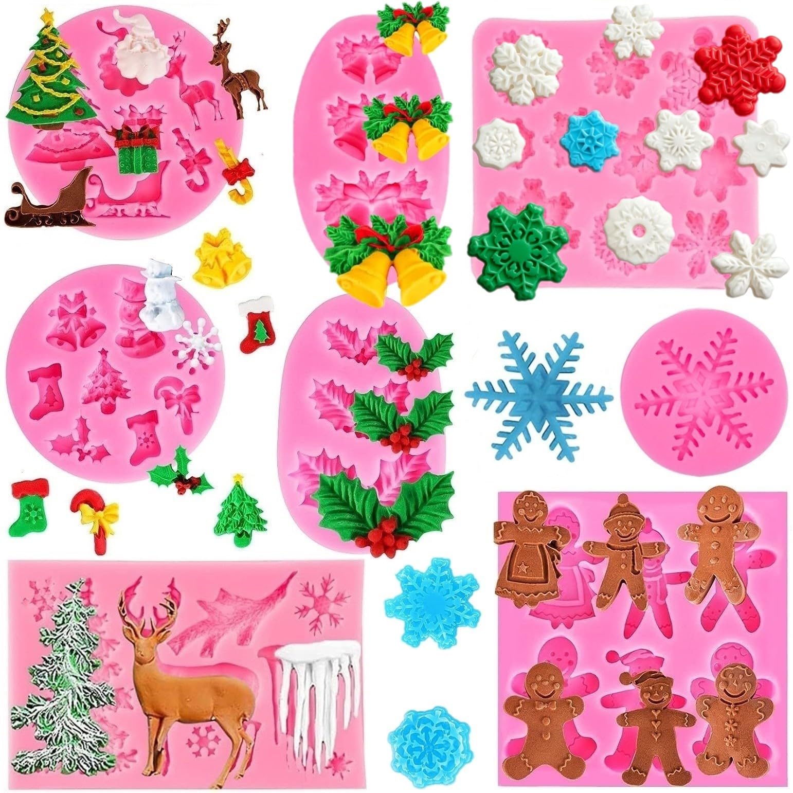 Christmas Silicone Molds,Snowflake Molds Xmas Fondant Chocolate Candy Cake Molds Christmas Snowman Tree Holly Leaves Santa Claus