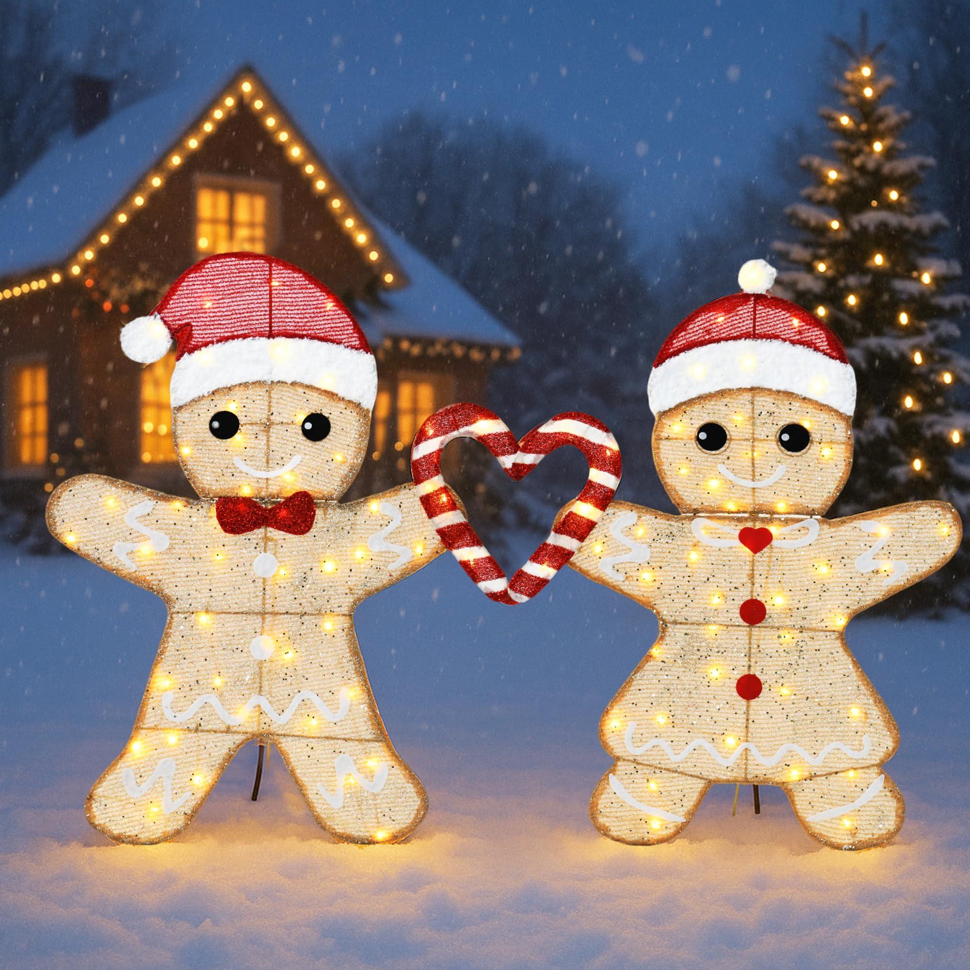 VELTENOVAIRE 32H Outdoor Gingerbread Lights, 2D Pre-lit Holiday Lawn Lights Christmas Decorations, 100 Warm White LEDs, Stake-Do