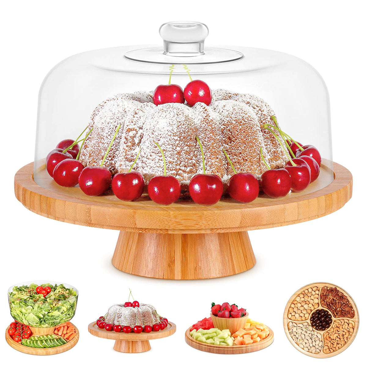 Homeries Bamboo Cake Stand With Lid, Cake Plate, (6 In 1) Multi-Functional Serving Platter, Large Cake Stand With Dome - Use As