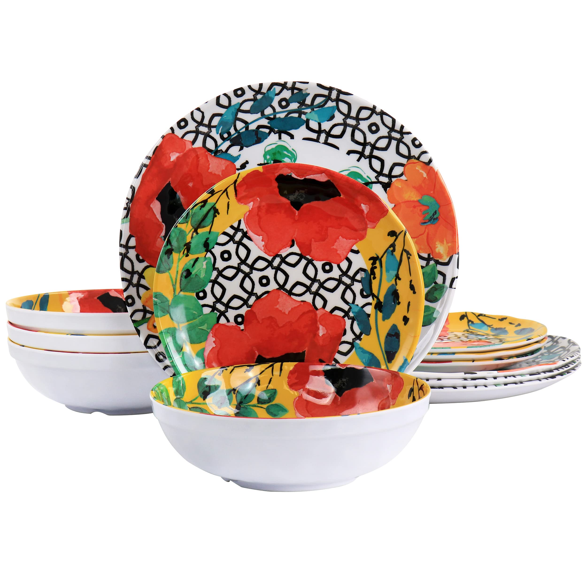 Elama Grace 12 Piece Melamine Dinnerware Set, Multi- Red/Yellow/Green/Blue