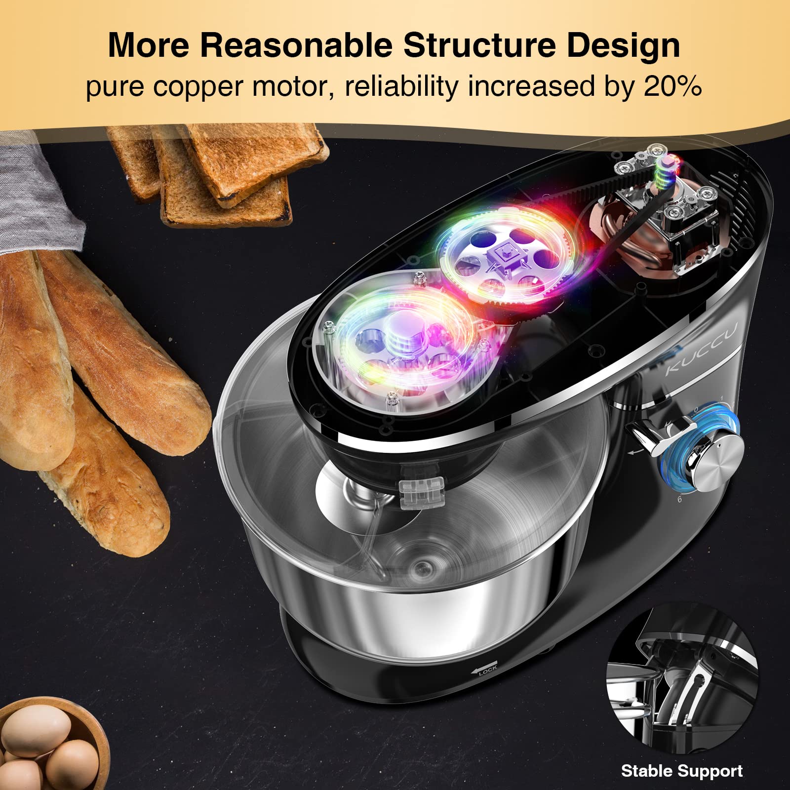 KUCCU Stand Mixer  6.5 Qt 660W  6-Speed Tilt-Head Food Dough Mixer  Kitchen Electric Mixer with Stainless Steel Bowl Dough Hook Whisk  Beater  Egg white separator (6.5-QT  Black)