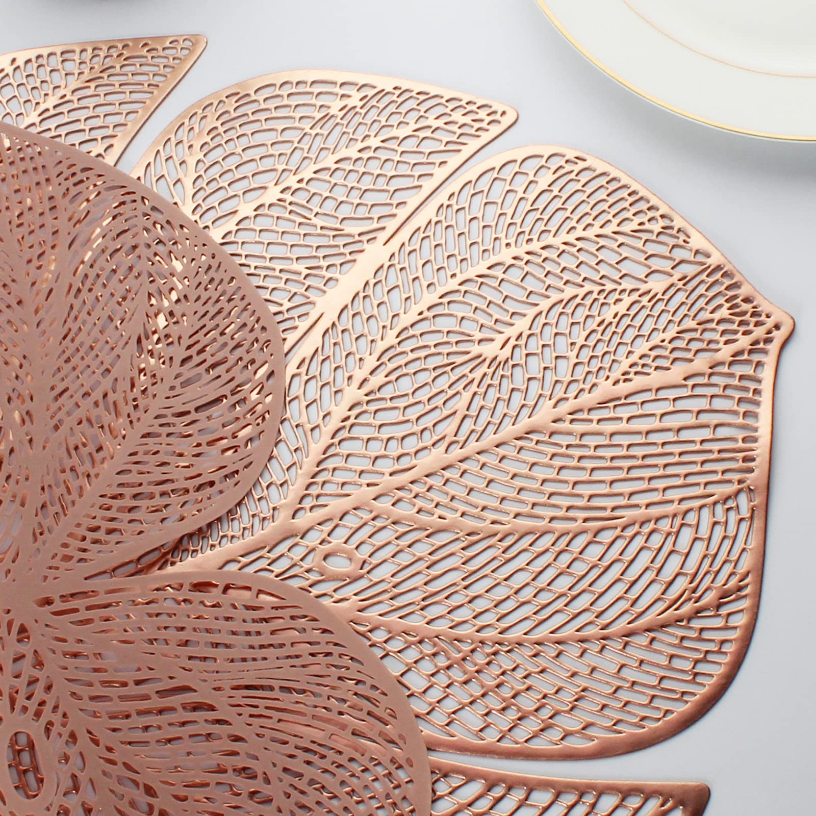 Evevda Rose Gold Leaf Shaped Vinyl Placemats For Dinner Table Set Of 6 Metallic Plastic Place Mats Wipeable 6Pcs Table Mats For