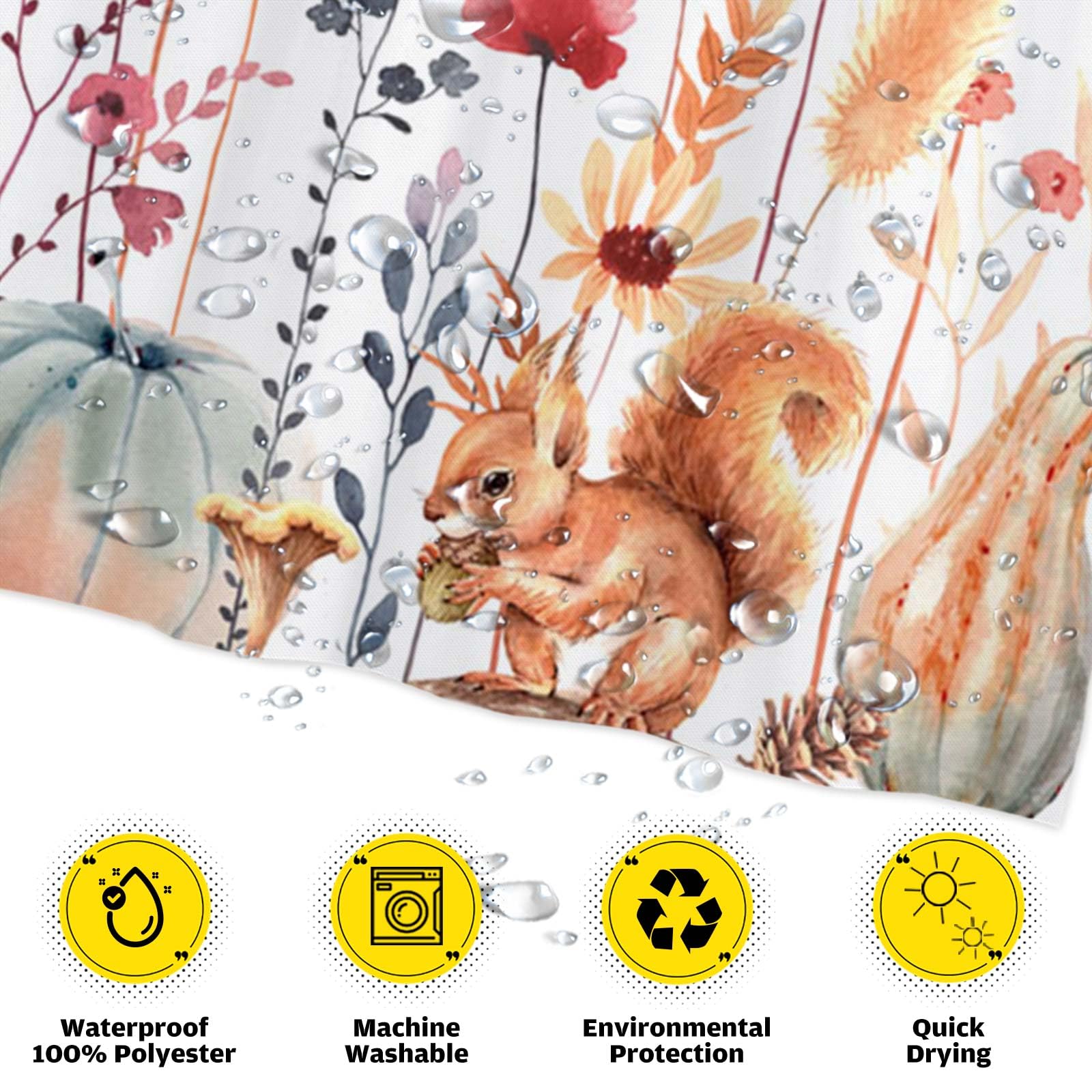 Funnytree 72''X72'' Autumn Flowers Fall Rustic Pumpkins Boho Leaves Floral Watercolor Bohemian Farmhouse Shower Curtain For Bath
