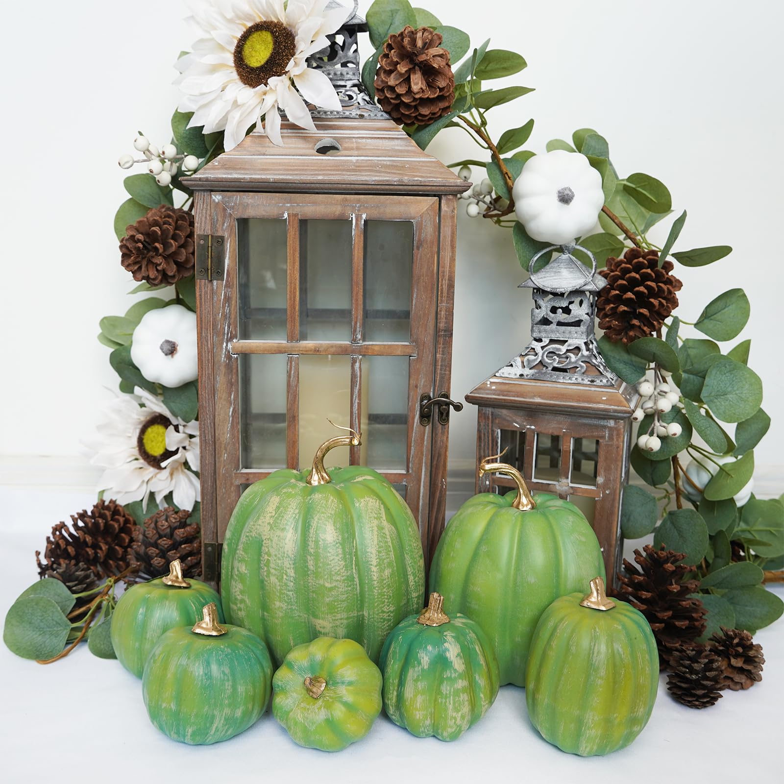 Winlyn 7 Pcs Assorted Green Artificial Pumpkins Harvest Pumpkins Deep Green Decorative Foam Pumpkins for Farmhouse Fall Wedding