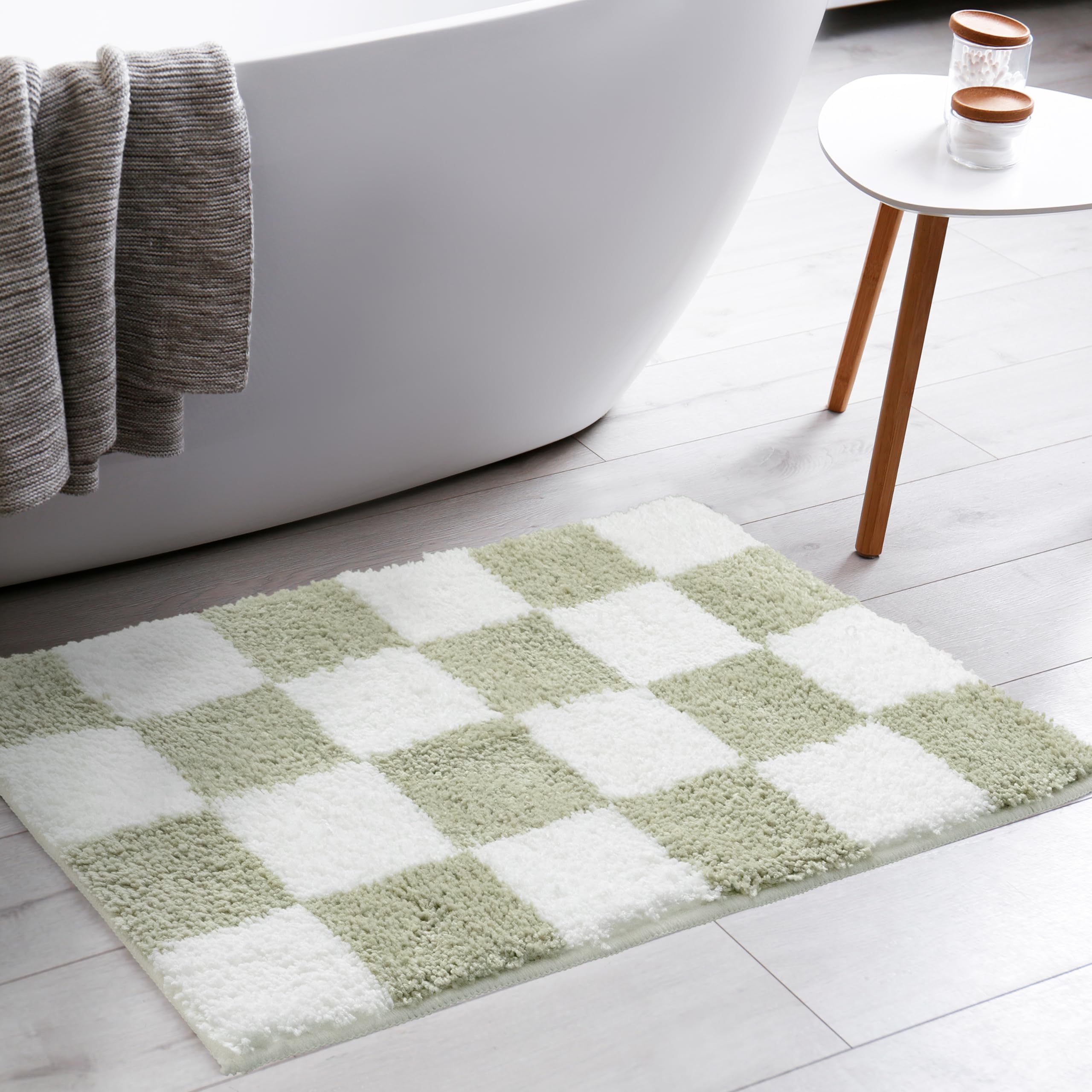 Tititex Luxury Sage Green White Checkered Grid Bathroom Rug, 16''X24'' Classic Checkerboard Extra Soft And Absorbent Microfiber