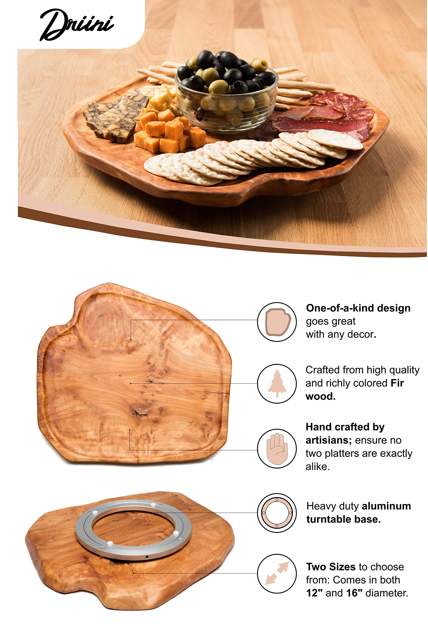 Driini Premium Handmade Root Wood Lazy Susan Turntable Organizer - Rustic Wooden Serving Platter Cheese Board (12'')