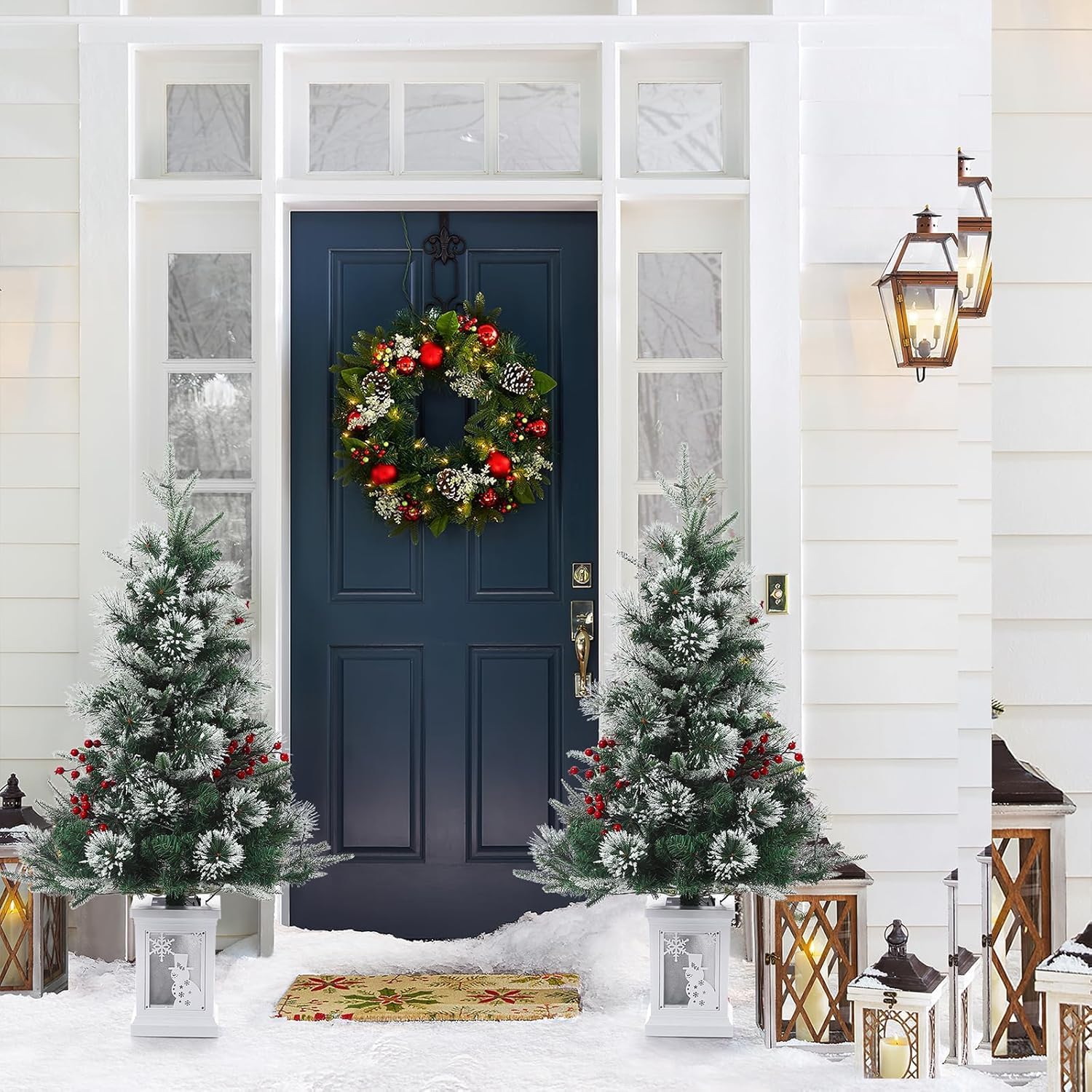 3ft Christmas Tree Pre-Lit Artificial Christmas Tree with Vintage Potted Base, Flocked Snow 78 Warm White LED Lights 8 Lighting