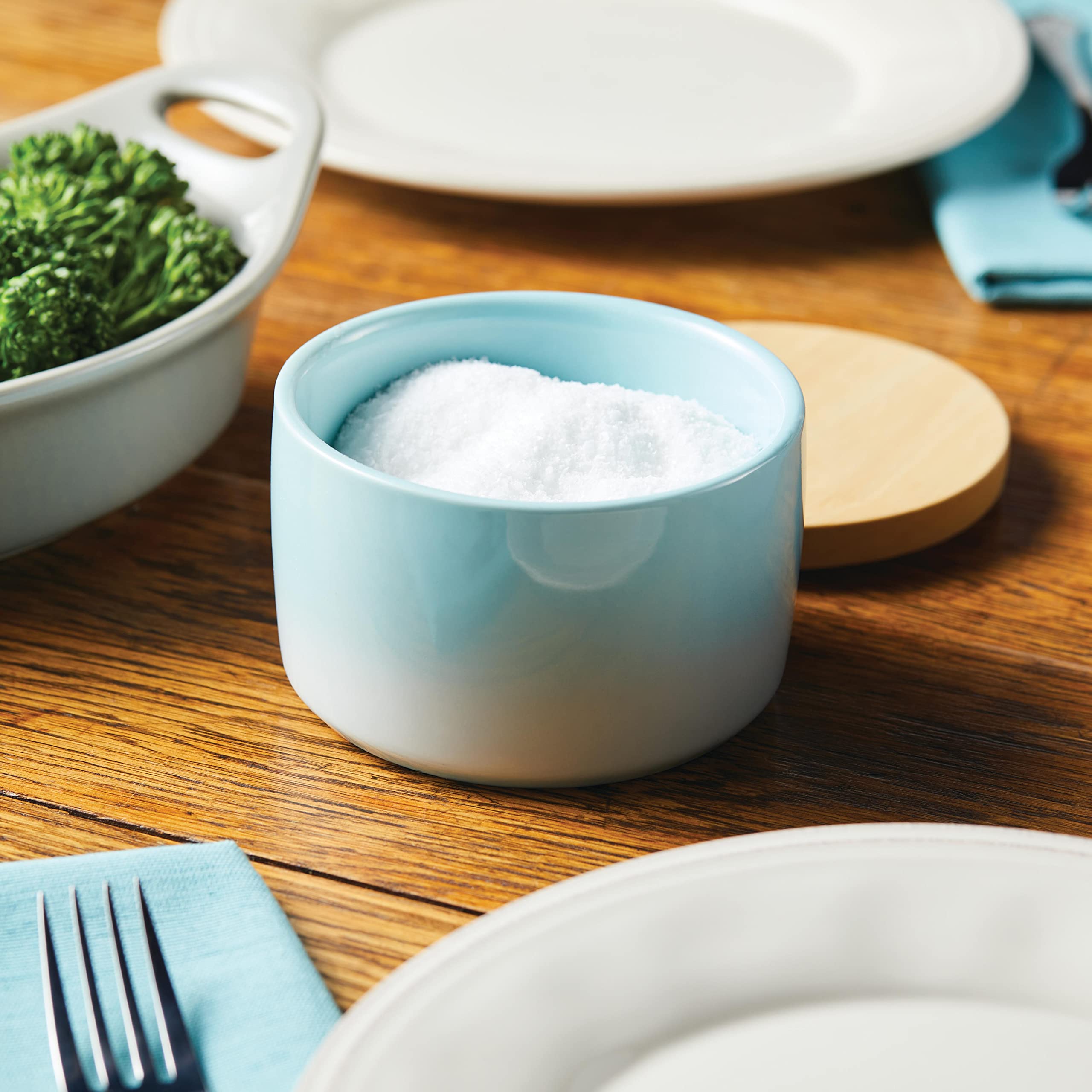 Rachael Ray Solid Glaze Ceramics Salt And Spice Box With Wood Lid For Seasoning, Cooking, Serving, 9 Ounce, Light Blue Ombre