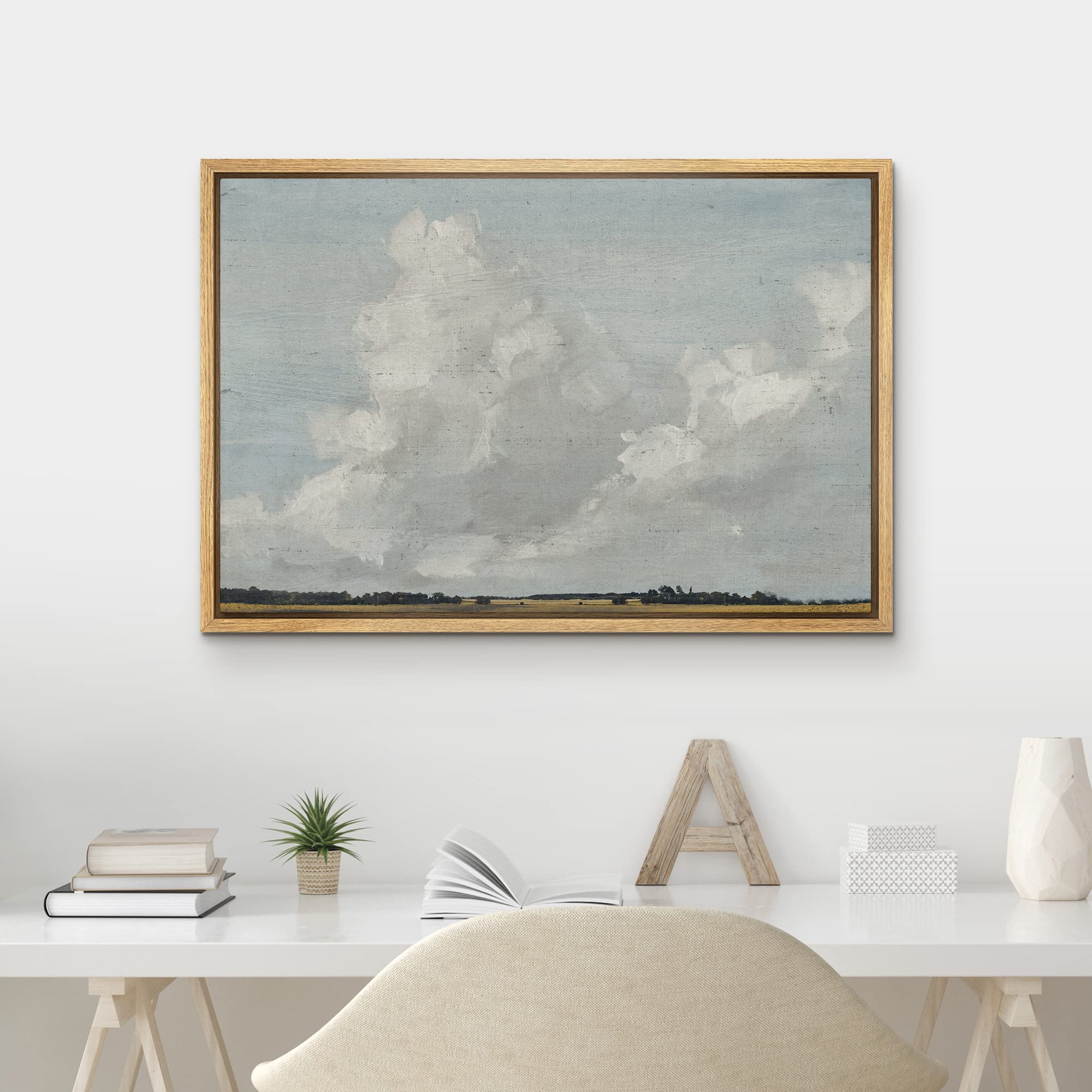 Mudecor Framed Canvas Print Wall Art Gray Clouds Over Rustic Field Landscape Nature Wilderness Illustrations Modern Art Farmhous