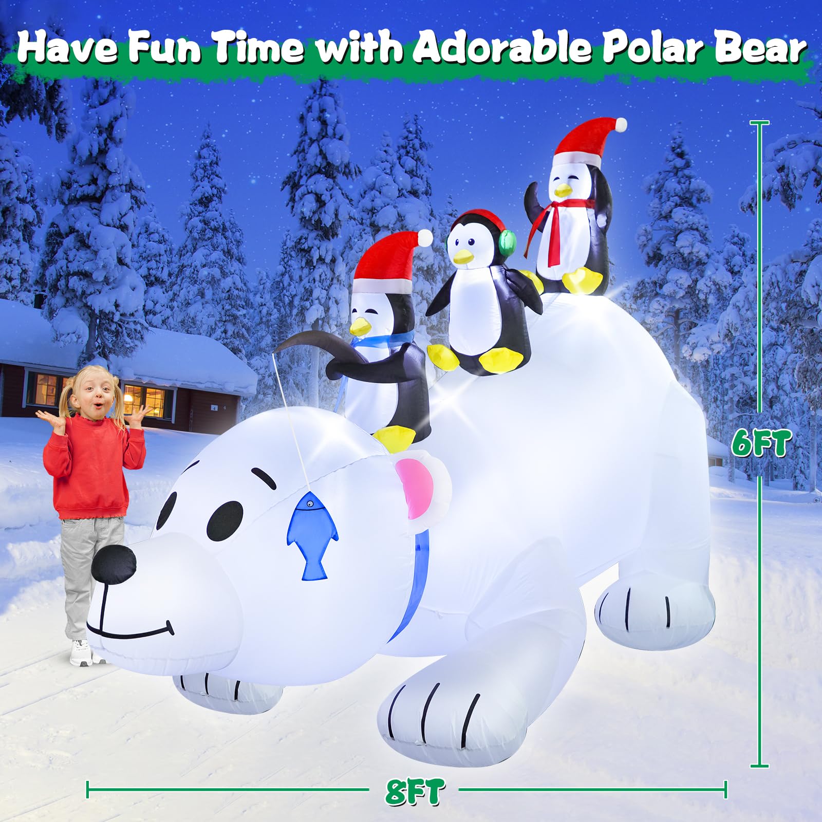 FunFanso 8FT Christmas Inflatable Polar Bear with Penguins Outdoor Yard Decorations, Blow up 3 Penguins Fishing on Big Polar Bea