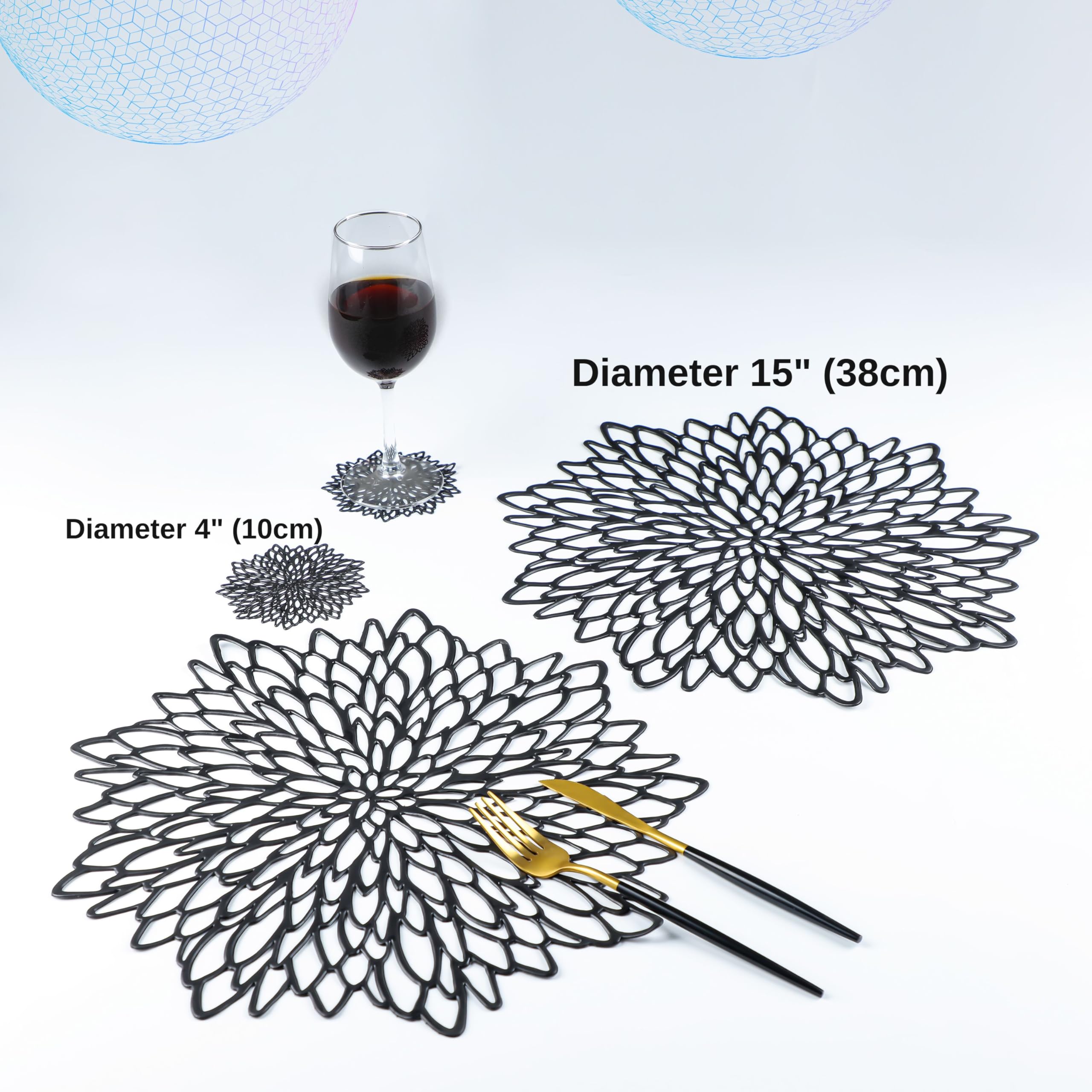 Snowkingdom 6 Pairs Black Placemats & Coasters 12 Pcs Matching Washable Pressed Vinyl Laser Cut Dining Table Mats Round Floral C