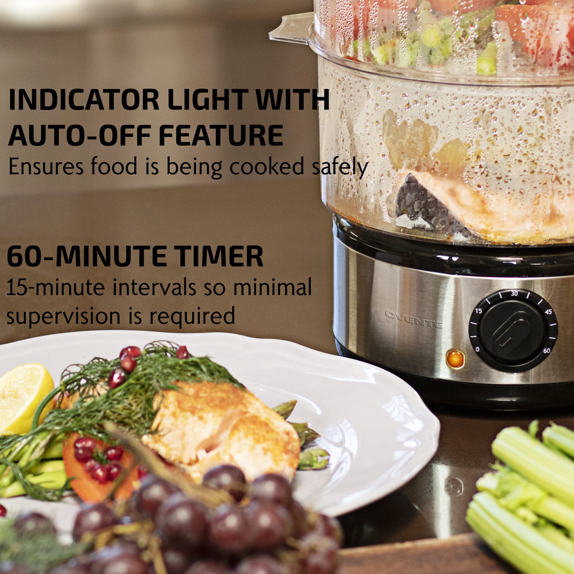Ovente 2 Tier Electric Food Steamer For Cooking Vegetables, Stainless Steel Base, Stackable And Dishwasher Safe Baskets, 400W Wi