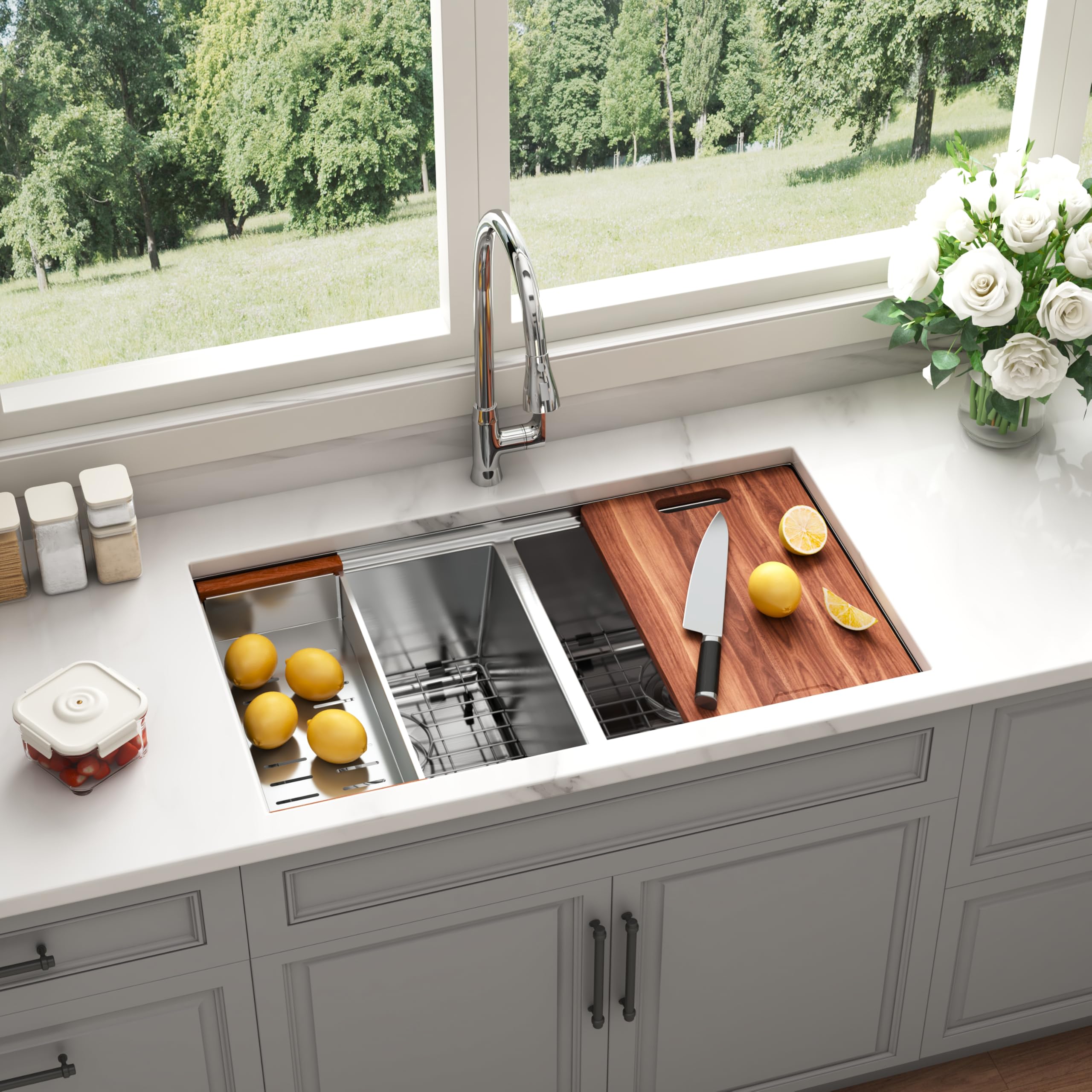 Blenzia 32 Inch Double Bowl Kitchen Sink 16 Gauge Stainless Steel Undermount Workstation 50/50 Double Bowl Sinks With Integrated