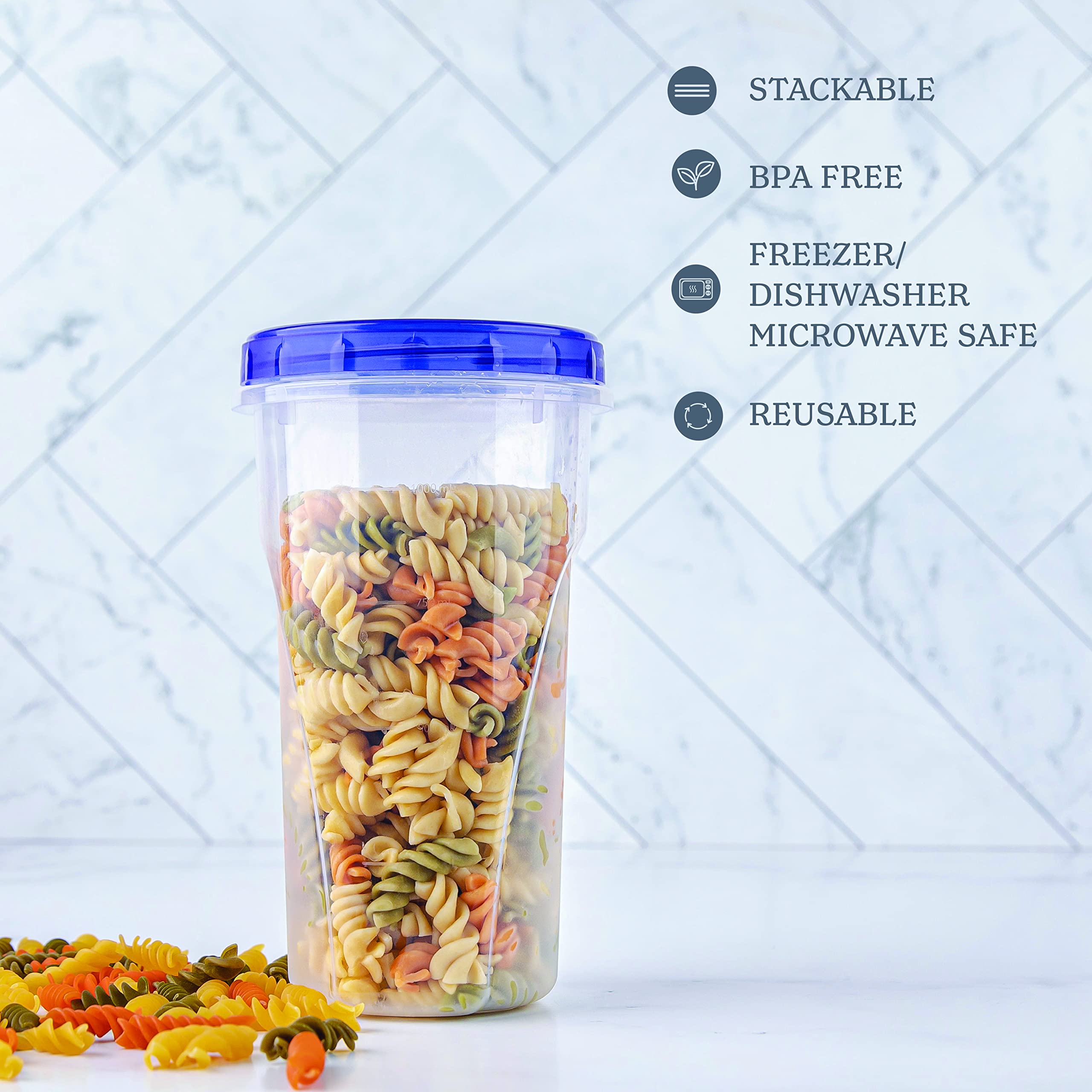 Plasticpro [48 Oz 4 Pack] Twist Top Deli Containers Clear Bottom With Blue Top Twist On Lids Reusable, Stackable, Food Storage F