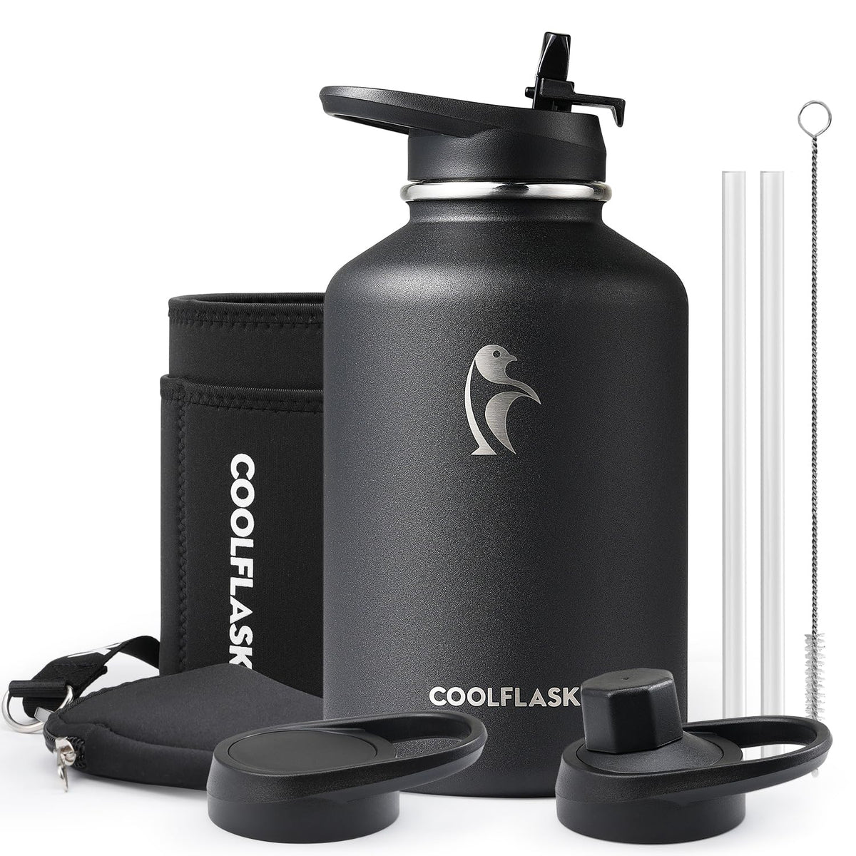 Coolflask 64 Oz Insulated Water Bottle With Strap & Sleeve, Half Gallon Water Jug 3 Lids Stainless Steel Multifunctional Flask B
