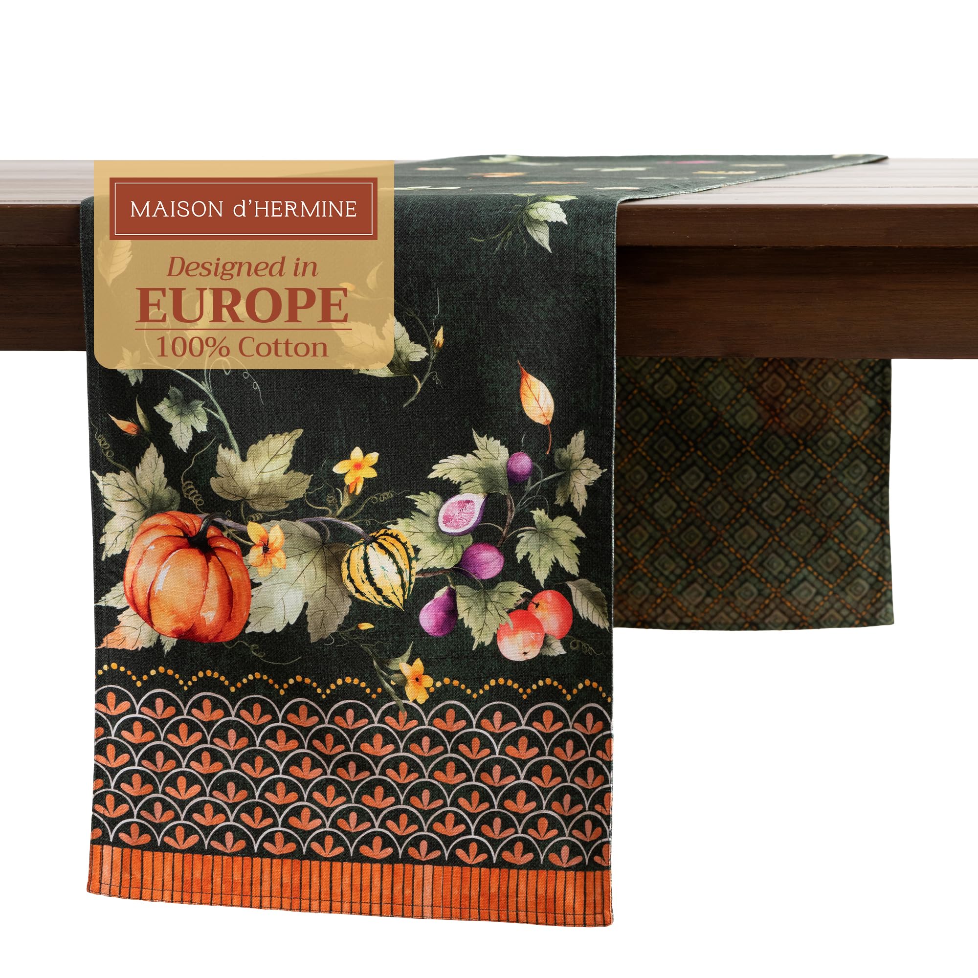 Maison d' Hermine Tablerunners 100% Cotton Decorative Tablerunner Table Cover for Gifts  Holiday  Dinner  Pumpkin Garden - Dark Green (Double Layer) - Thanksgiving/Christmas (14.50''x72'')