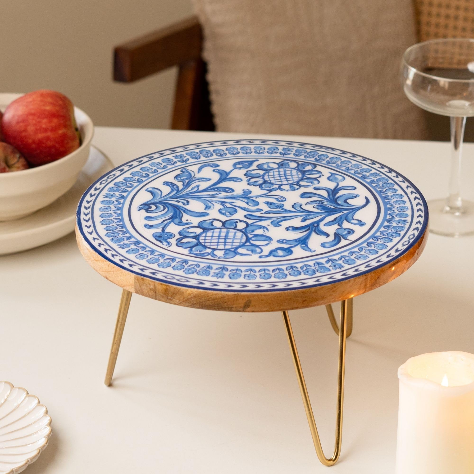 Ritualistic Holland Wooden Cake Stand With Metal Legs | Elegant Cake Display For Decoration & Cutting | Round Dessert Tray For C