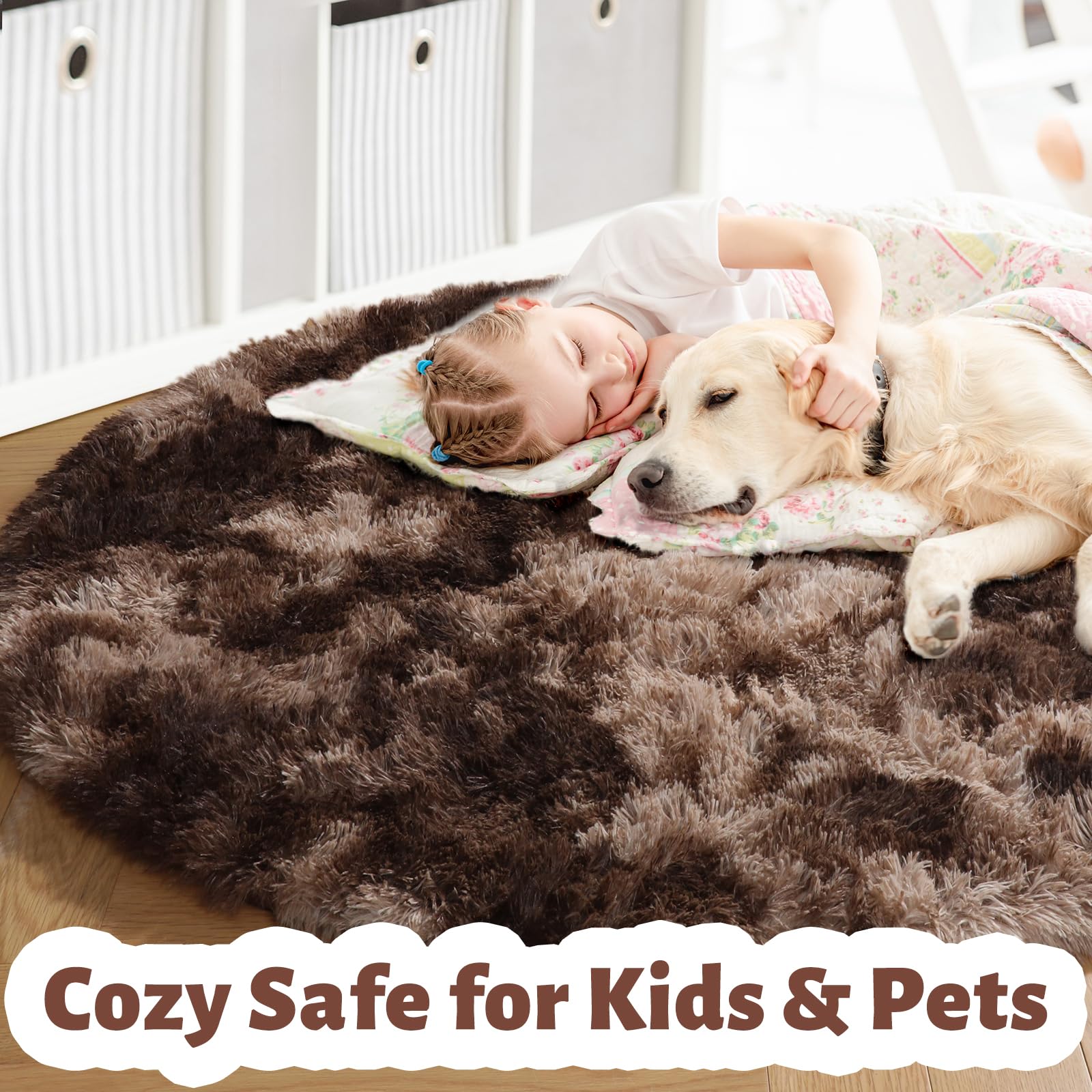 Amdrebio Tie-Dyed Brown Round Circle Rugs 4Ft for Bedroom, Fluffy Shag Plush Area Rugs for Kids Room, Living Room Decor Aestheti