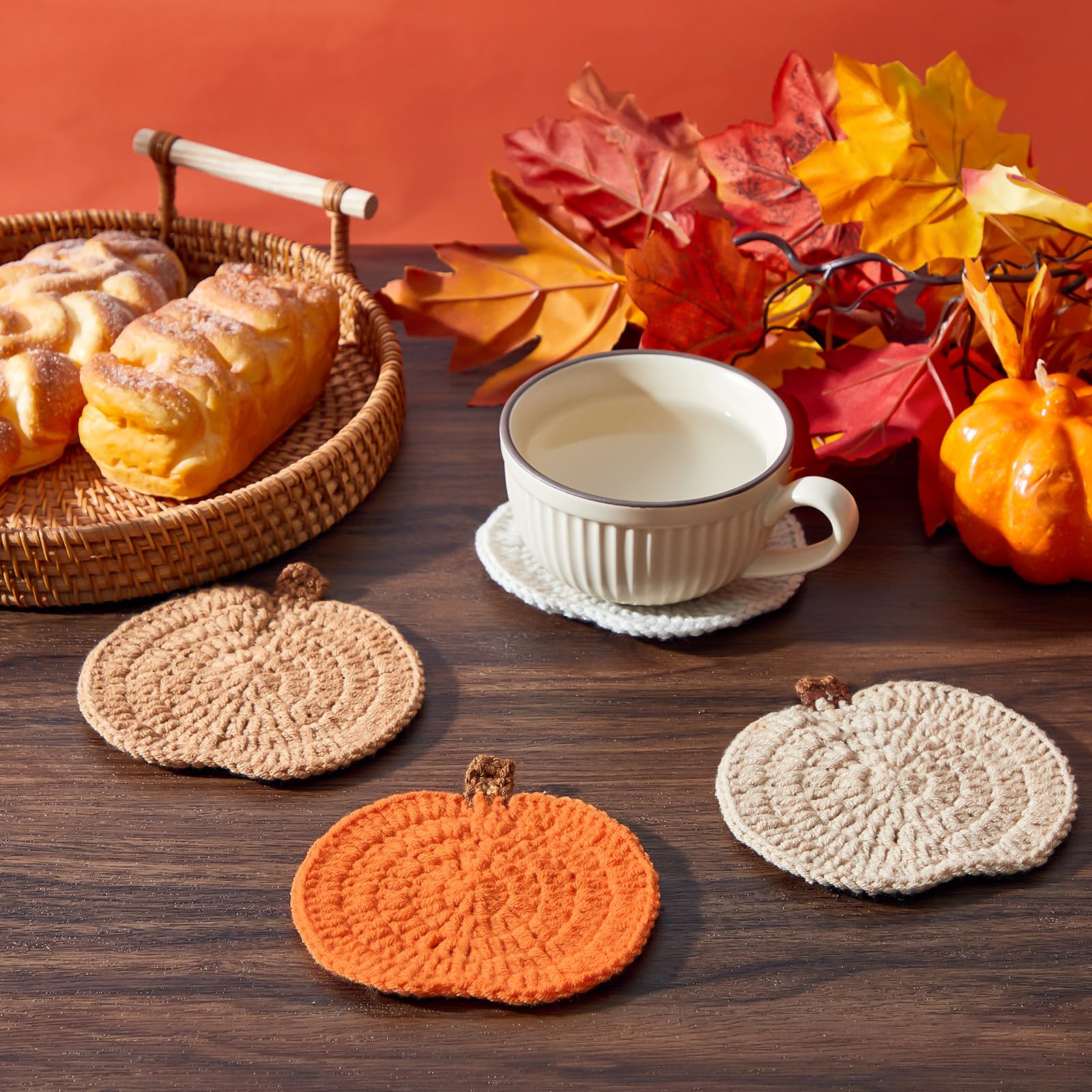 Hushee 4 Pcs Fall Coasters Crochet Thanksgiving Pumpkin Coaster 4.72 Inch Orange Home Decor Handmade Woven Pumpkin Drink Cup Pad