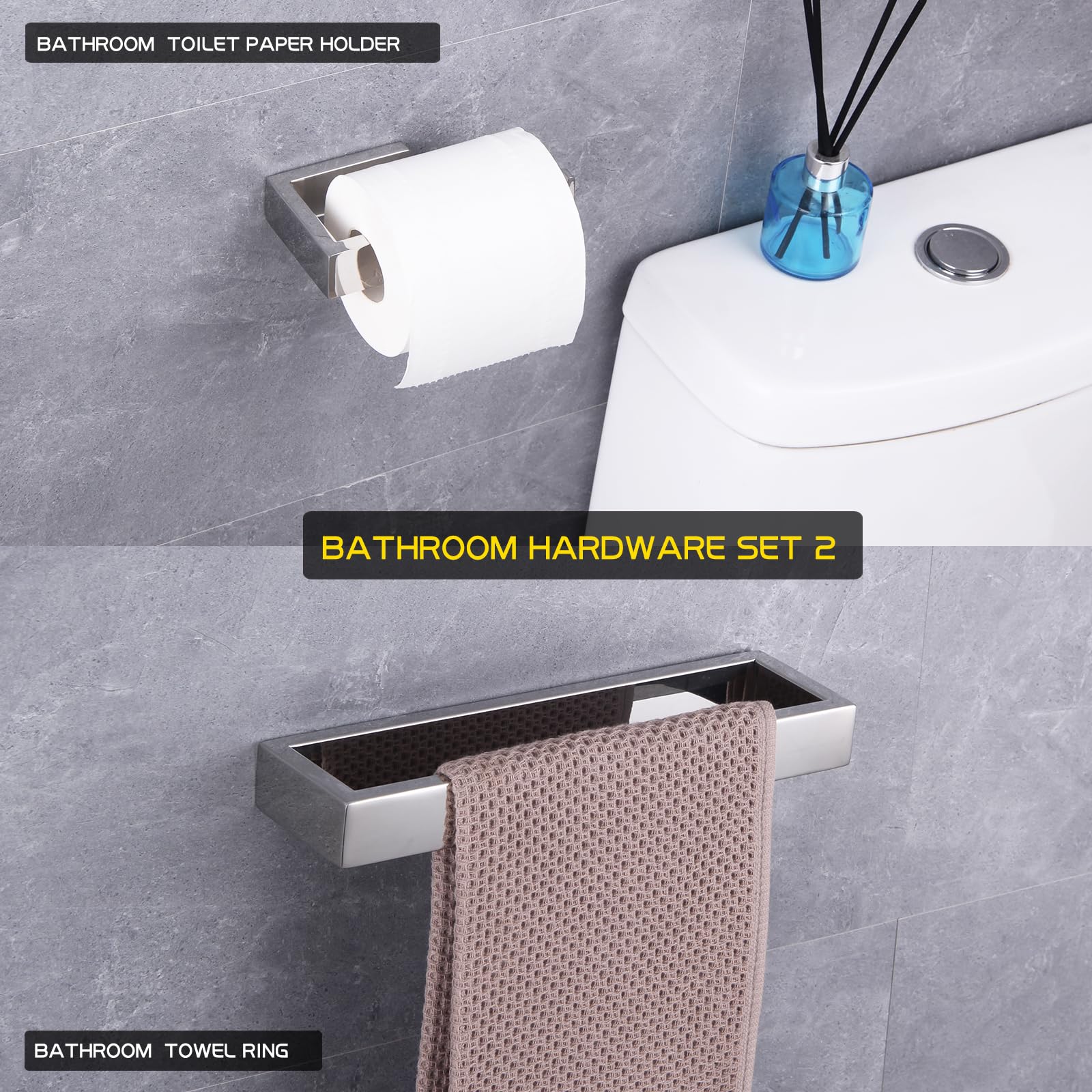GERZWY 2-Piece Bathroom Accessory Set SUS 304 Stainless Steel Toilet Paper Holder Towel Ring Wall Mount  Polished Finish HG1708-2JG