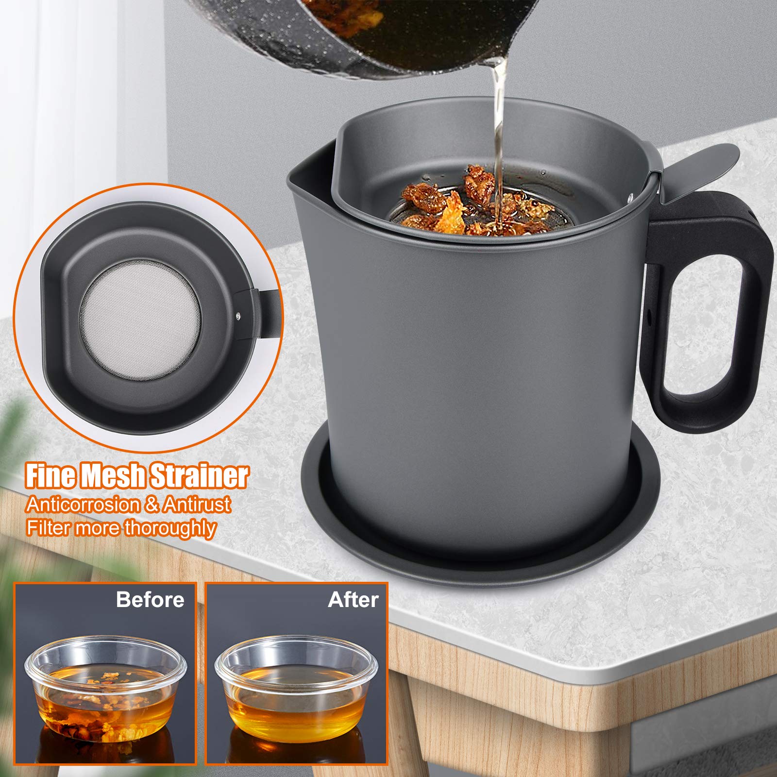 Bacon Grease Container, Bacon Grease Saver With Strainer, Grease Container For Kitchen - Iron Cooking Oil Can With Removable A C
