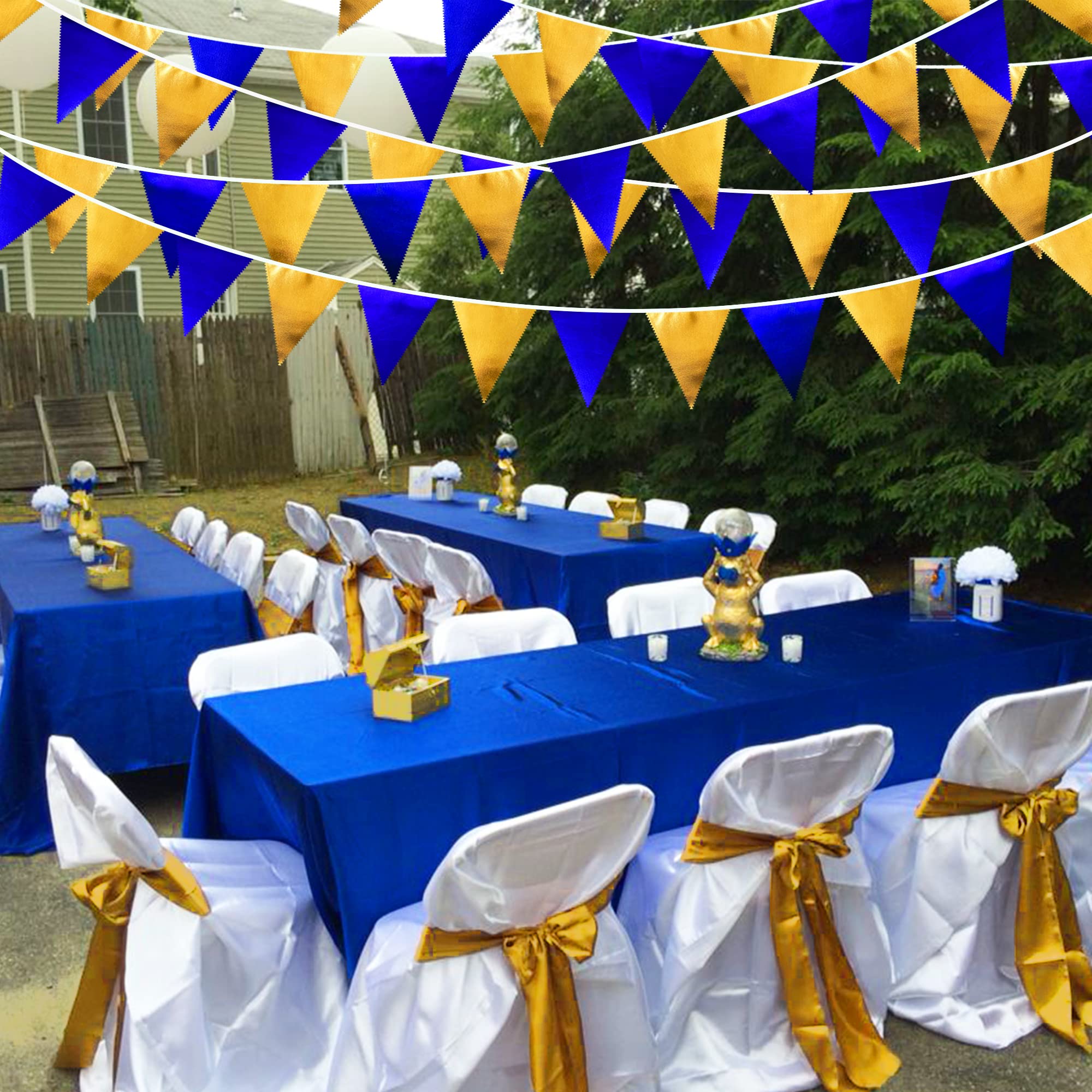 Royal Blue Gold Party Decoration Navy Blue Gold Triangle Pennant Banner Flag Metallic Fabric Bunting Garland For Graduation Birt